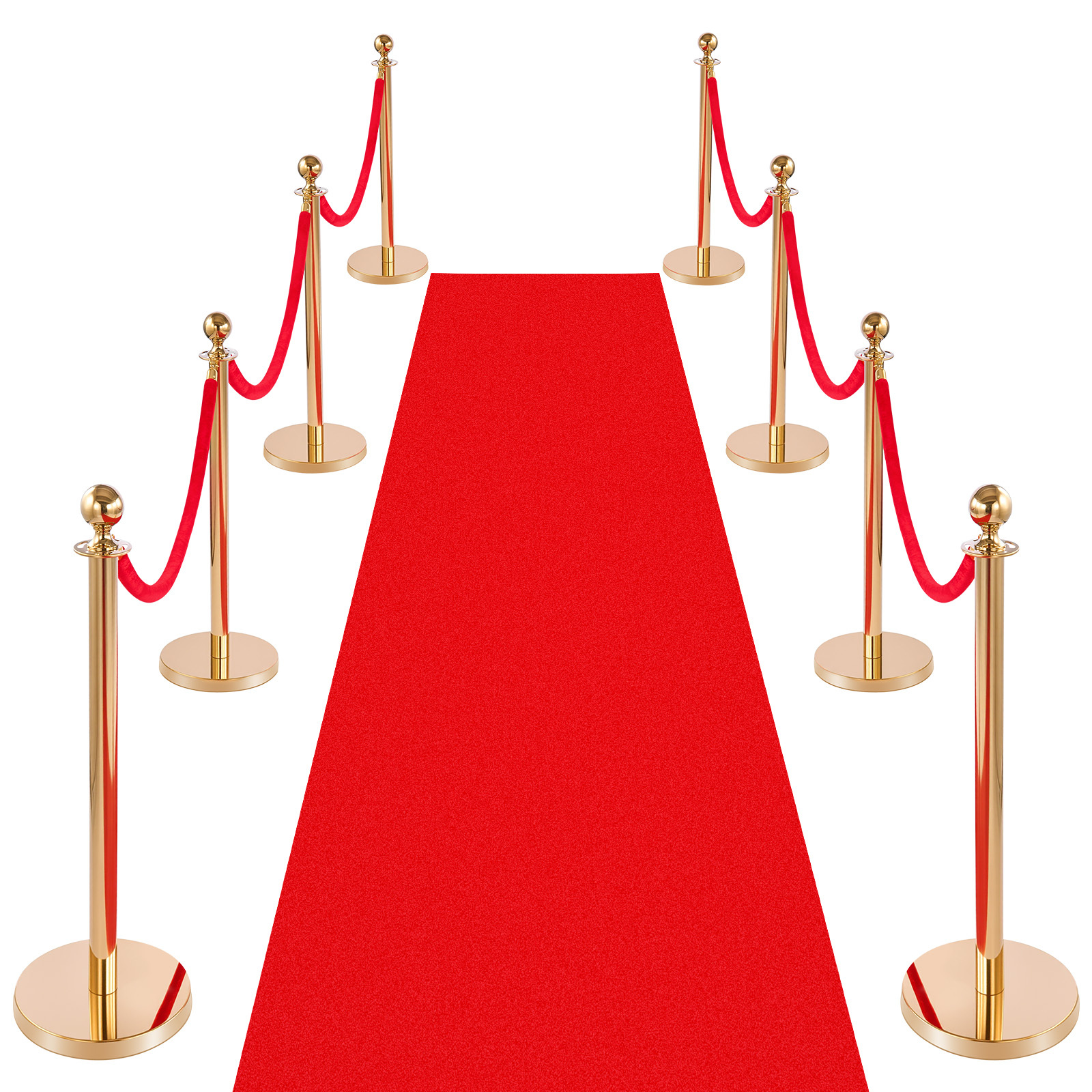 Image of Vevor Post, 8 Pcs Barrier Set With Red Carpet, 6 Red Velvet Ropes, Stainless Steel Gold Post Queue With Hollow Base For Theater, Party, Wedding, Exhibition (gold)