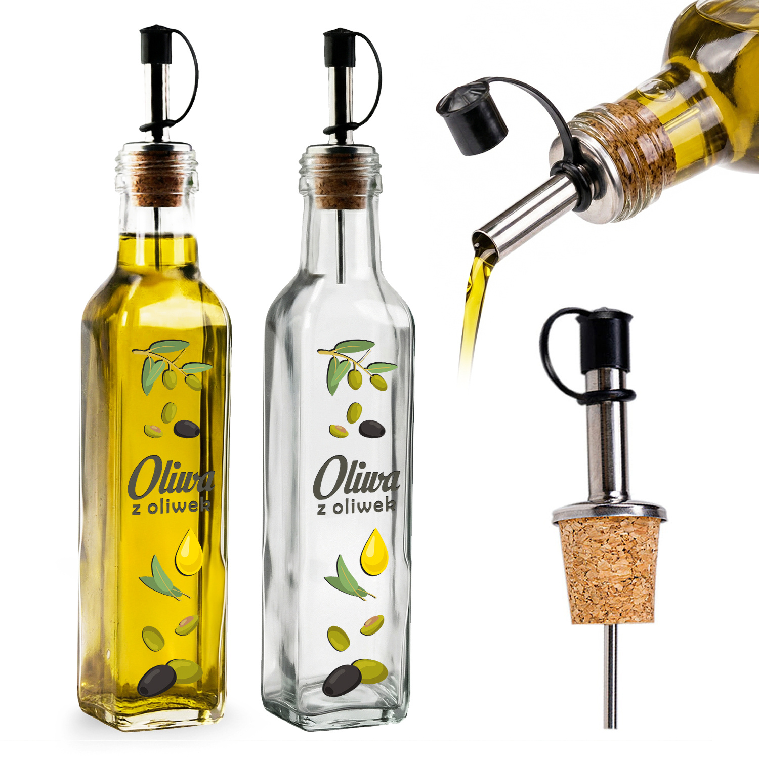 Image of Glass Bottle For Oil, Vinegar, Sauces 250 Ml Bottles With A Sticker With The Oil / Vinegar And With A Metal Pouring Spout