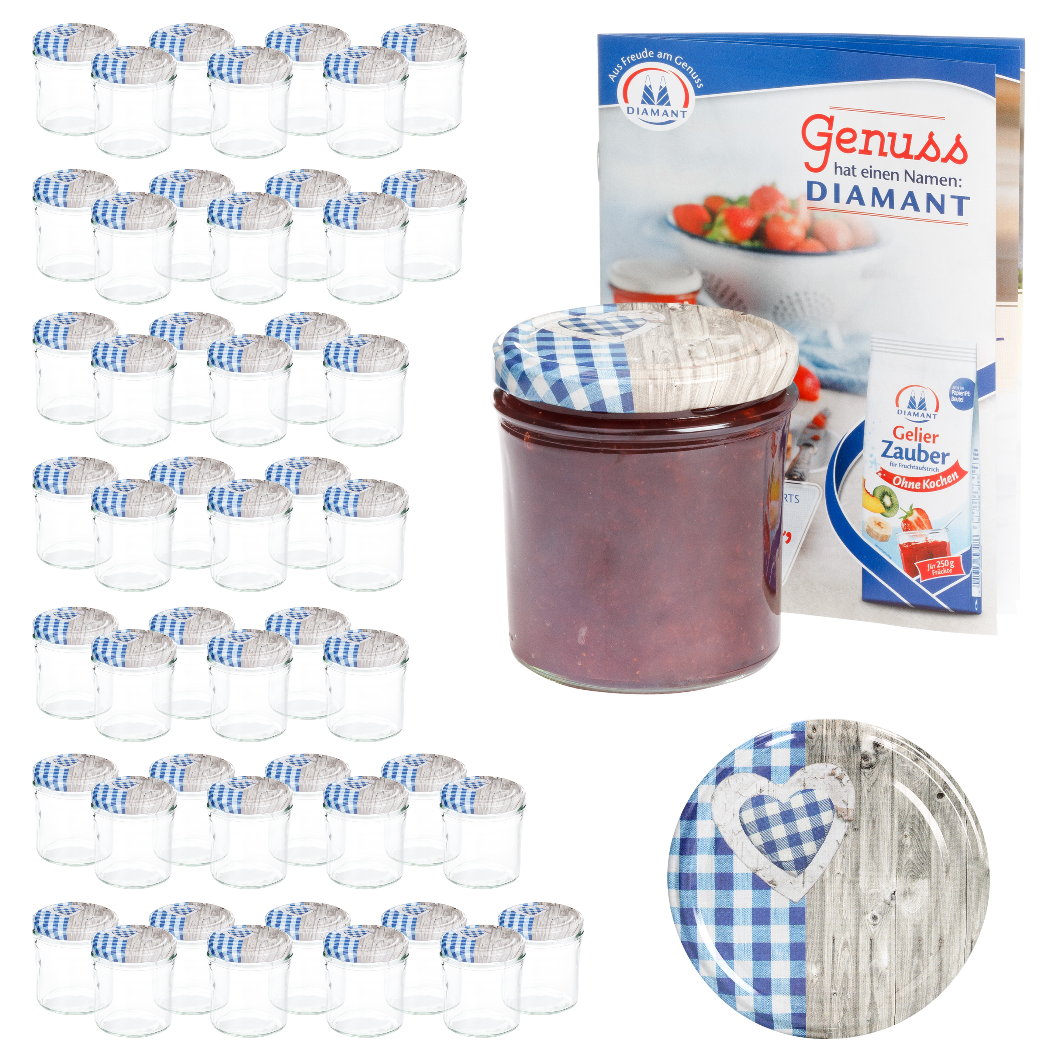 50 Drop-proof Jars, 350 Ml, Heart-shaped Wooden Lid, Blue Checkered, Canning Jars, Jars, Glass Jars