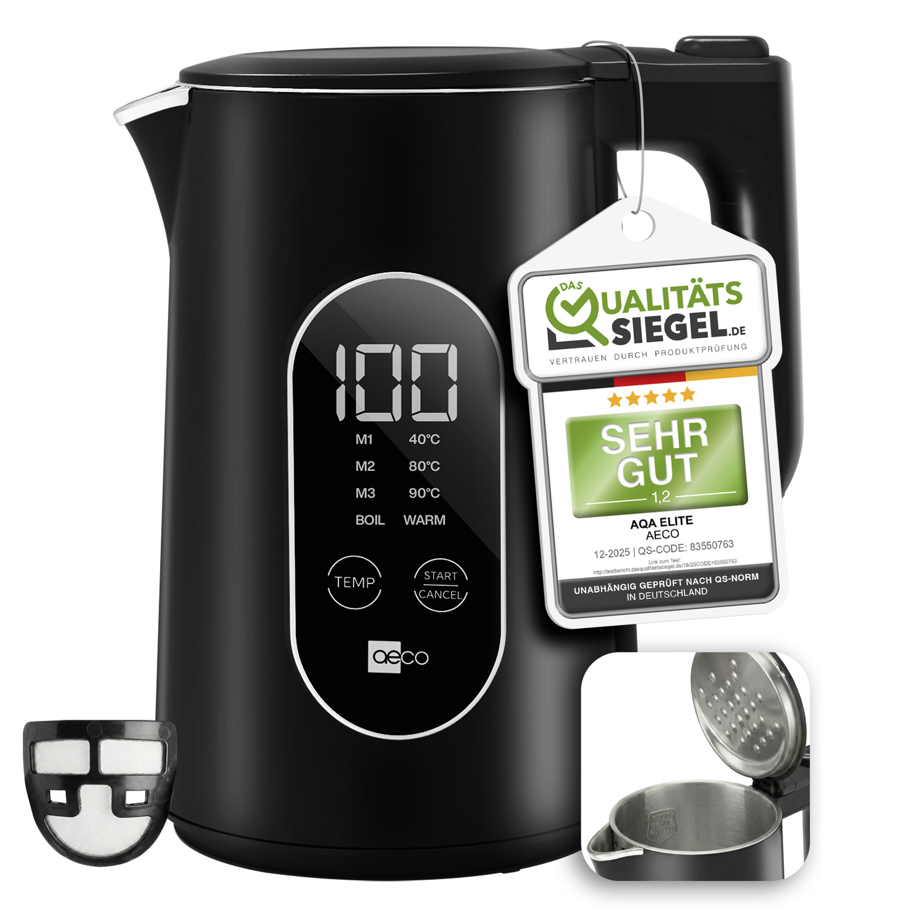 Image of Aeco Aqa Elite Electric Water Kettle Stainless Steel Black-matte With Temperature Control Tea Cooker Tea Maker | 1.5 , 2200 Watts, Bpa-free, Lime Filter