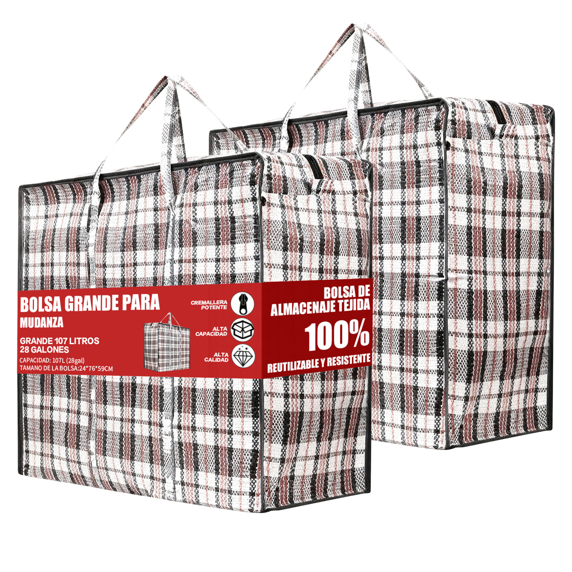 TEMU PACK 2 Bolsas de Rafia GRANDES para Mudanza y Almacenaje 76×59×24 cm · Reutilizables · Impermeables · Cremallera Resistente