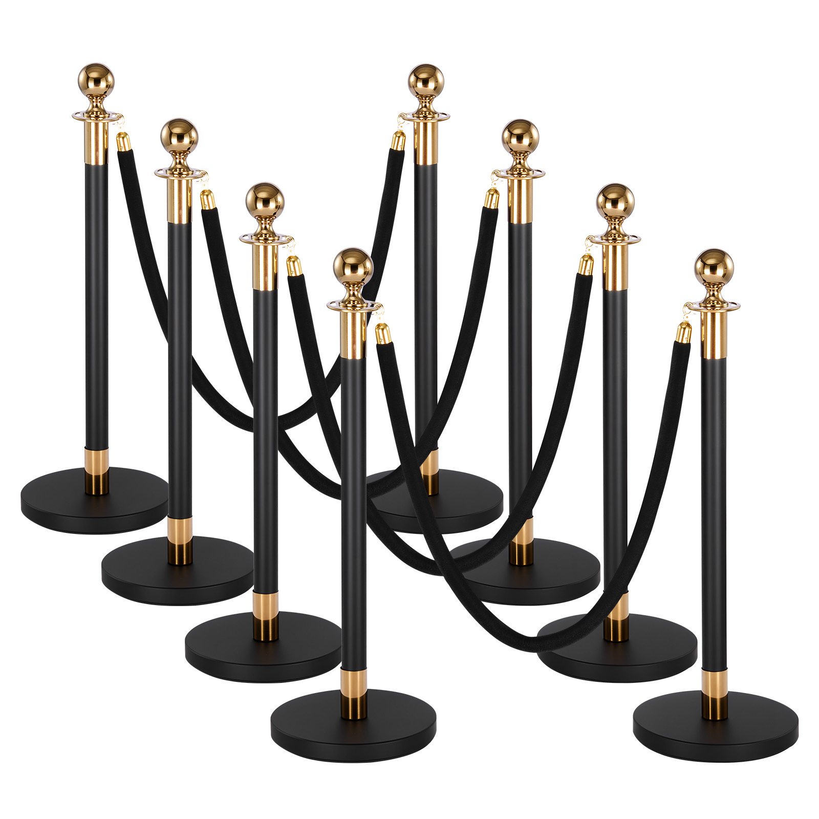 Image of Vevor Post, 8 Pcs Barrier Set With 6 Black Velvet Ropes, Heavy Duty Stainless Steel Post Queue With Hollow Base For Theater, Party, Wedding, Exhibition, Event (black)