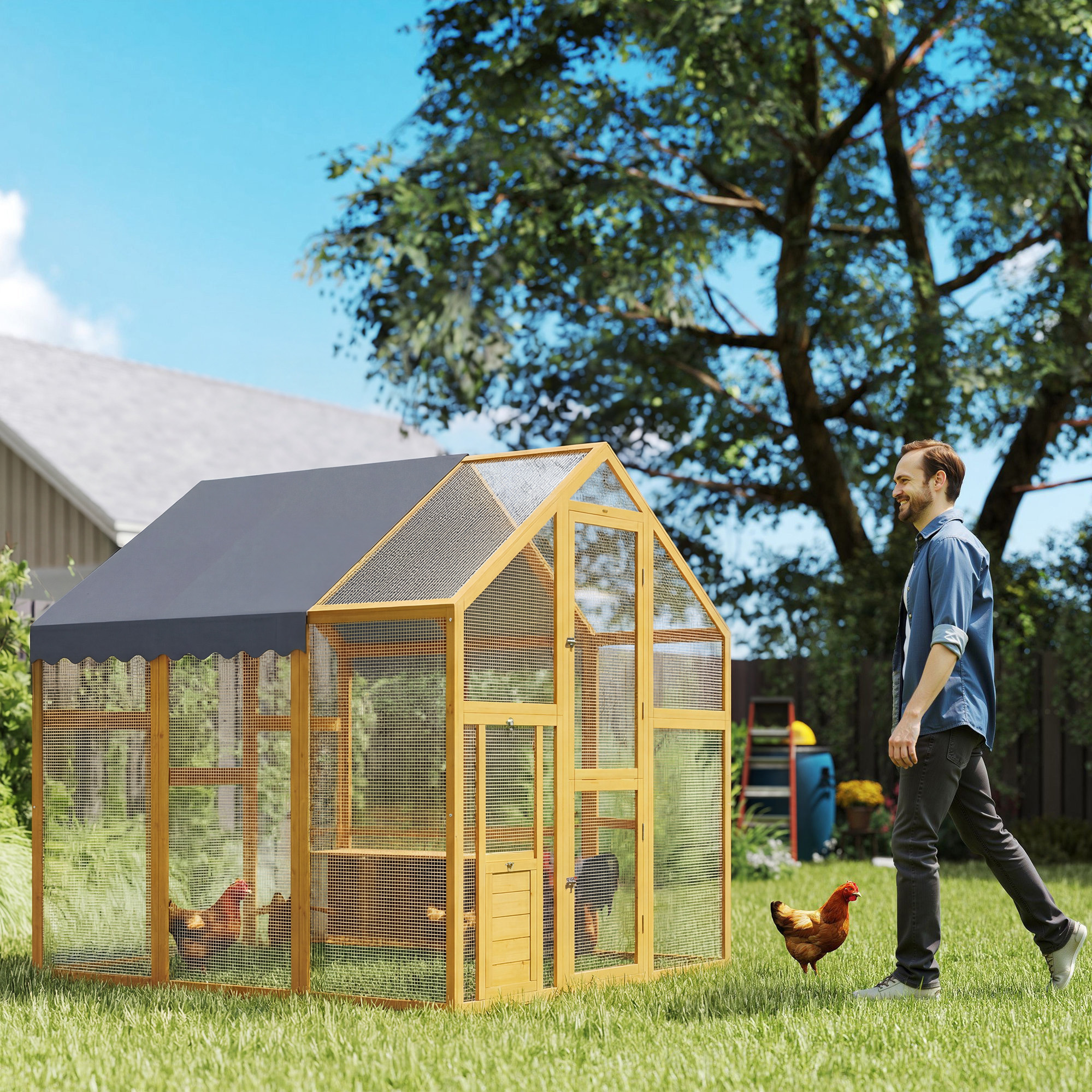 Image of Chicken Coop 3.07㎡ 1.7 X 1.8 X 1.8 M, Wooden Free-range Enclosure With Waterproof Cover, Safety Lock, Double Door, 2 Nesting Boxes, 2 Perches, For 6-8 Chickens, Ducks, Geese, Rabbits