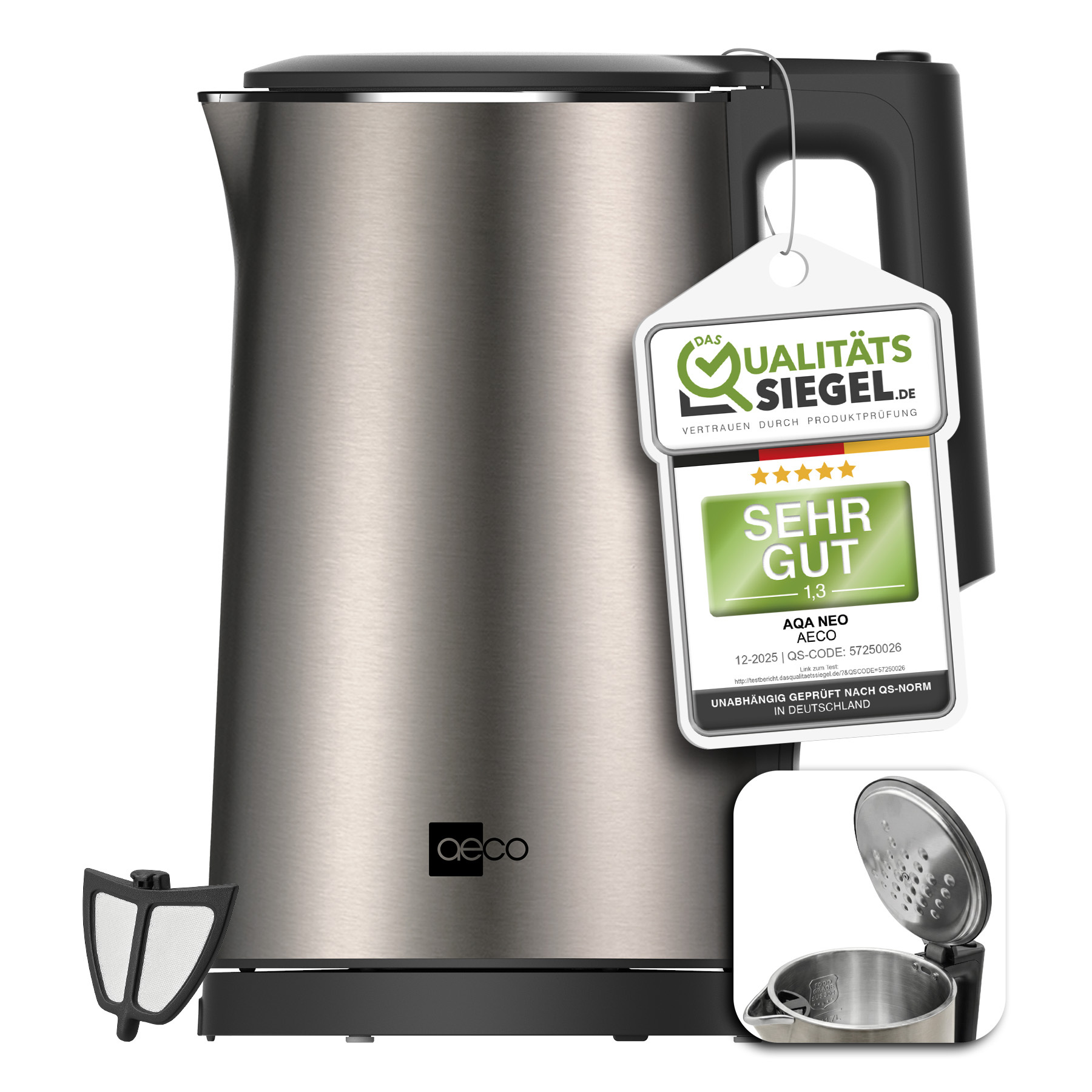 Image of Aqa Water Kettle Stainless Steel Tea Maker Electric Kettle Tea Maker Boiler | 1.7 , 2150 Watts, Bpa-free, Lime Filter, Wireless, Double Wall, Silvery