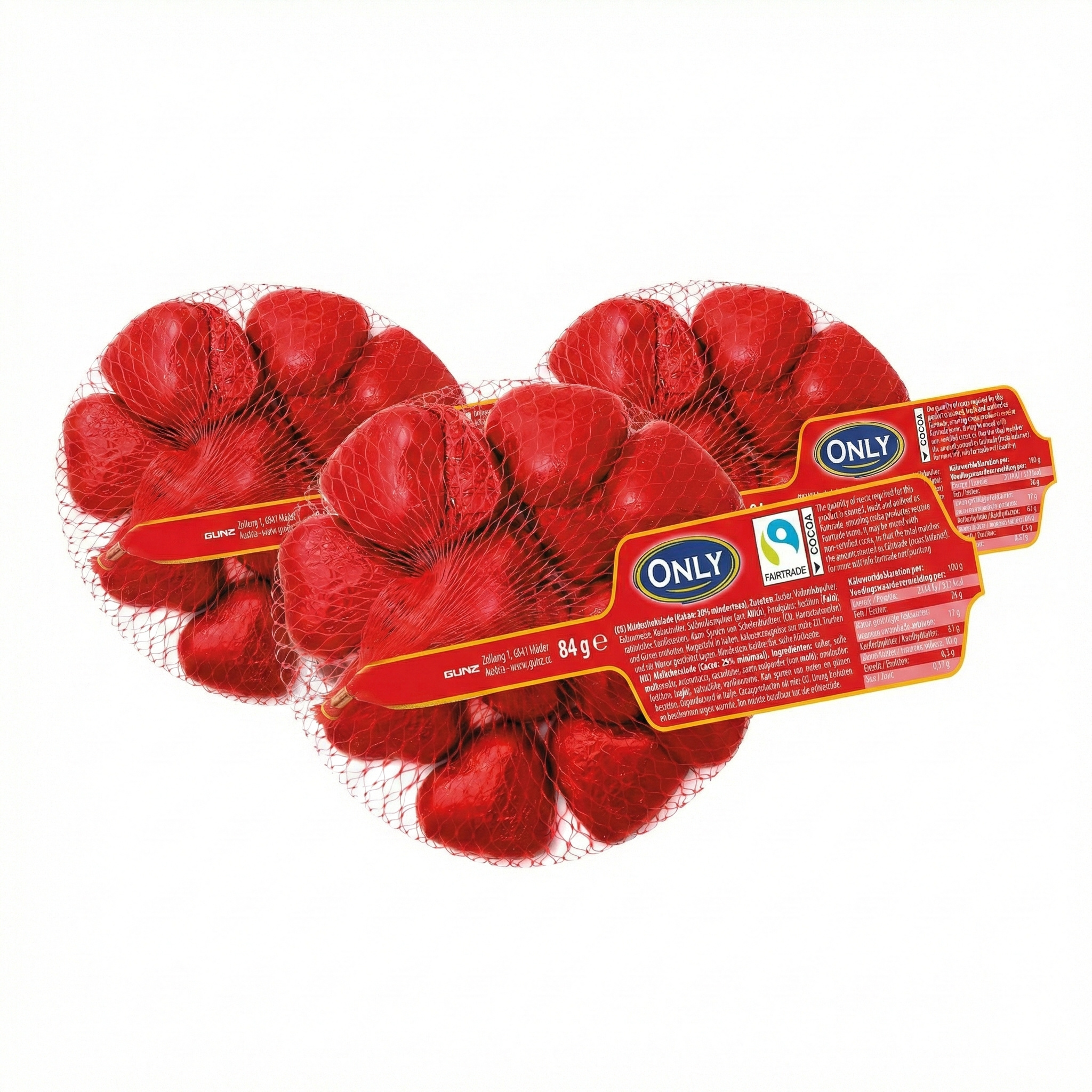 Image of Only Heart Milk Chocolate – 3-pack – Delicate Chocolate Hearts In Red Gift Packaging – Fairtrade Cocoa – 84 G Each