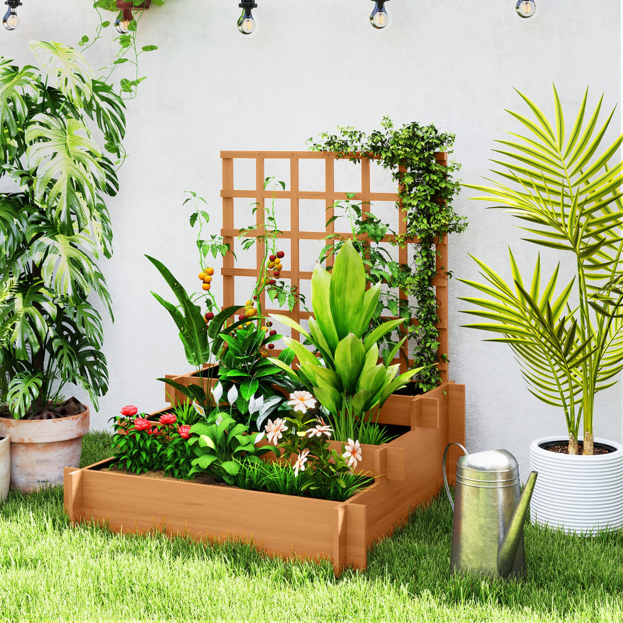 Image of Raised Bed With Trellis, 3-tier Flower Box With Non-woven Fabric, Vegetable Bed, Planter, Bed For Garden, Balcony, Fir Wood, Brown, 95 X 95 X 110 Cm