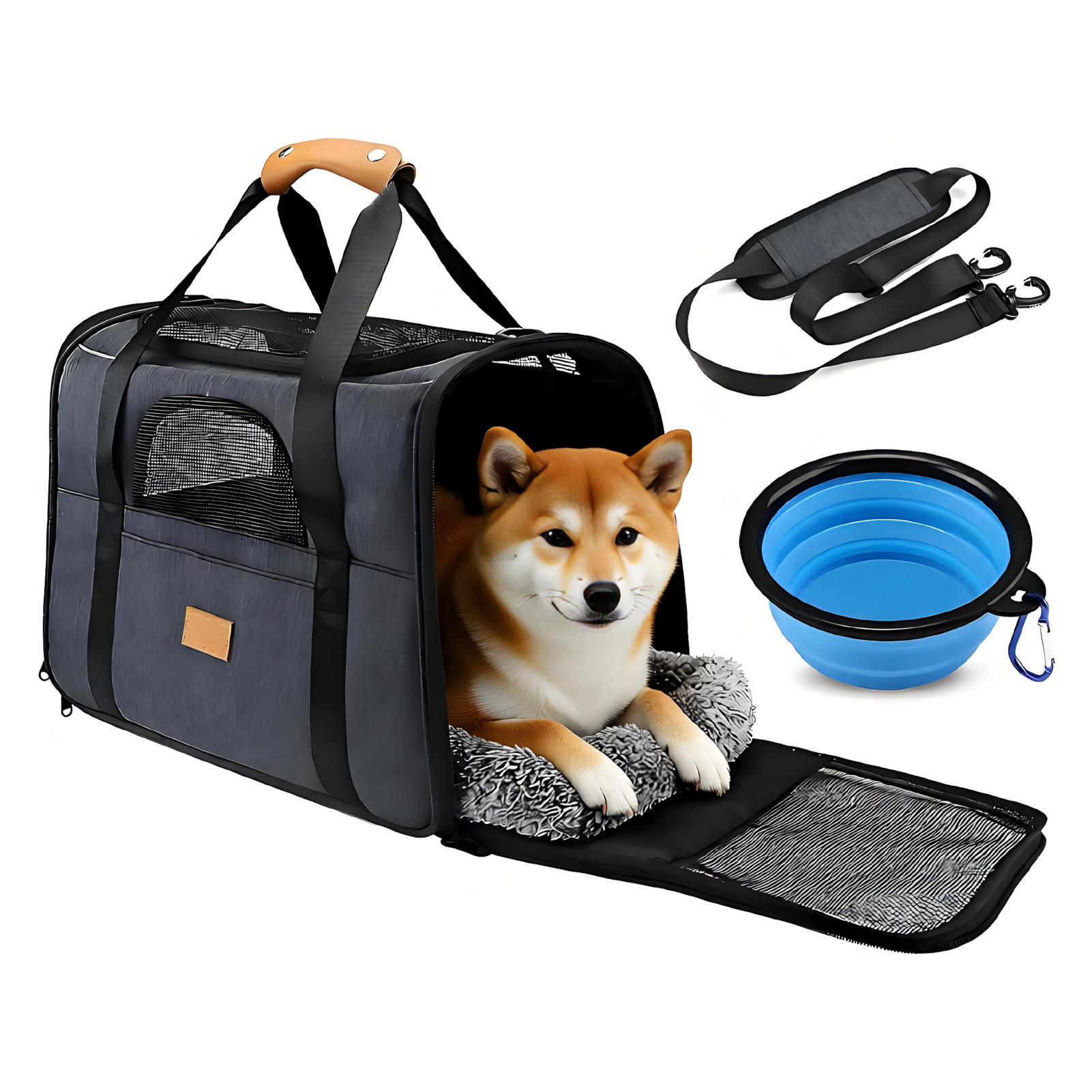 Portable Bag, Top Opening, Removable Mat And Breathable Mesh Fabric, Foldable Transport Bag For Dogs And Cats, With Shoulder Strap And Food Bowl, Grey.