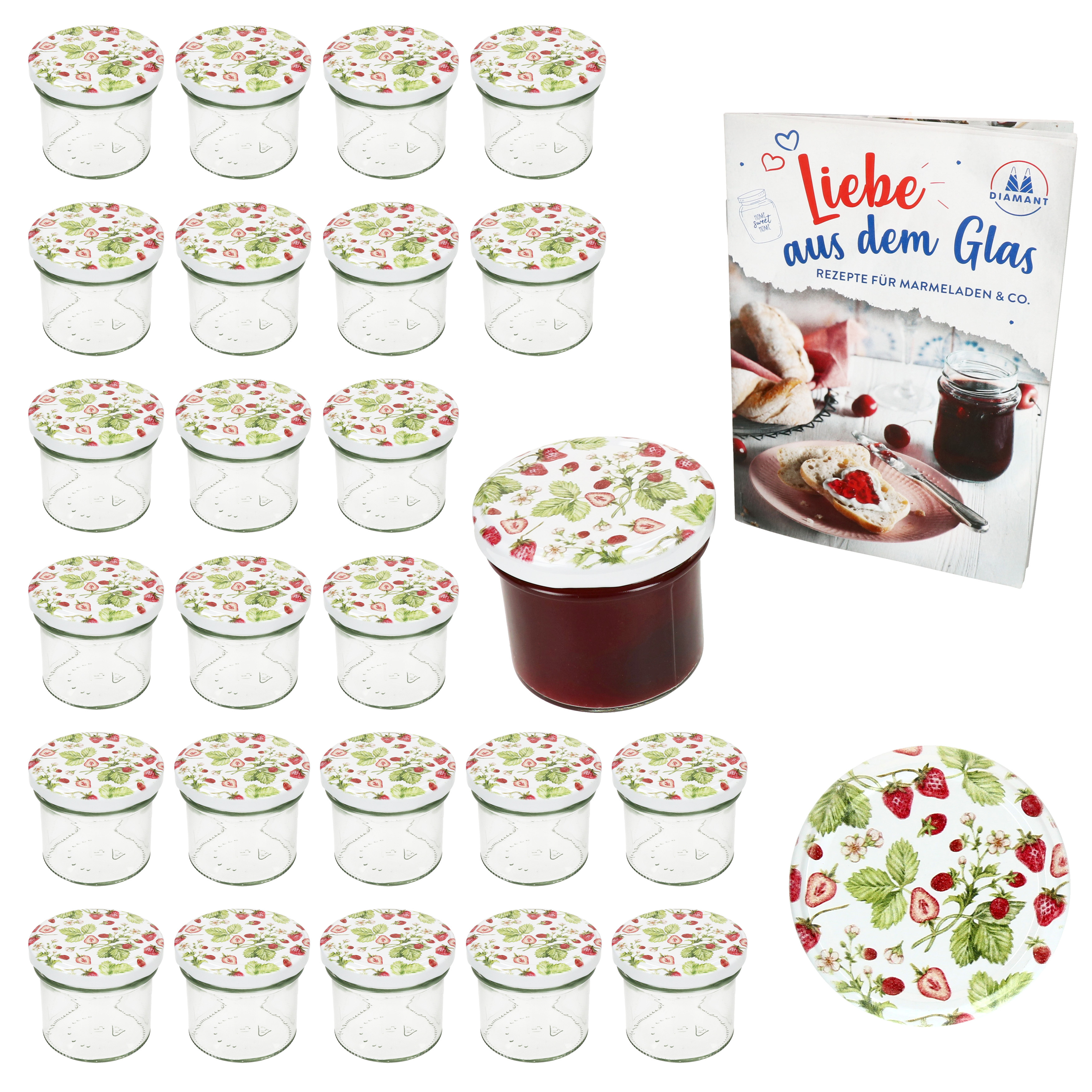 E-shop 25er Set Sturzglas 125ml Einmachglas TO66 Wald-Erdbeere Deckel DiamantZucker-Rezept