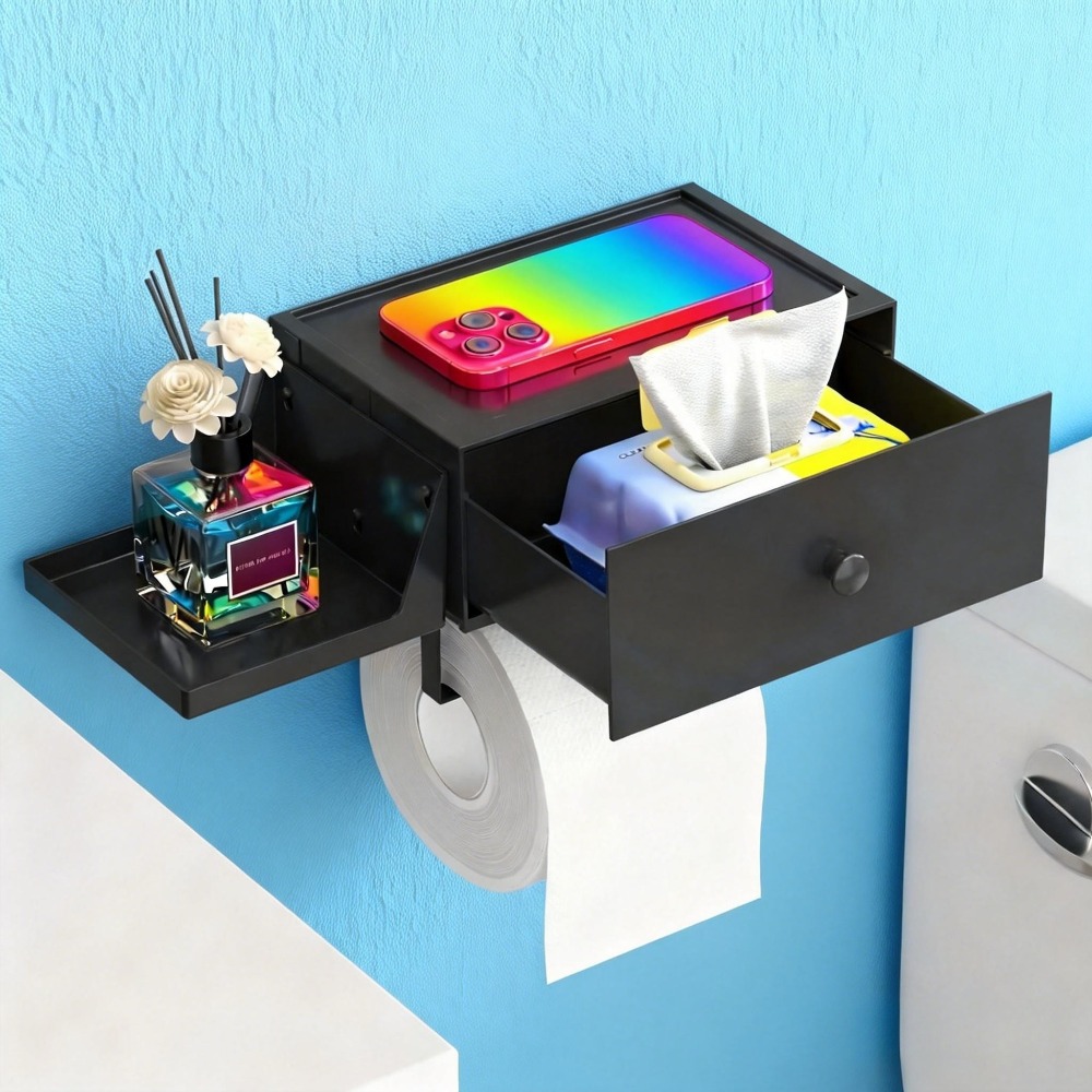 Image of Stainless Steel Toilet Paper Holder With Storage And Drawer, Dispenser For Wet Toilet Wipes, Double Fixing (screws/adhesive), Wall-mounted Storage For Toilet Paper, Dust-tight Bathroom Organizer.