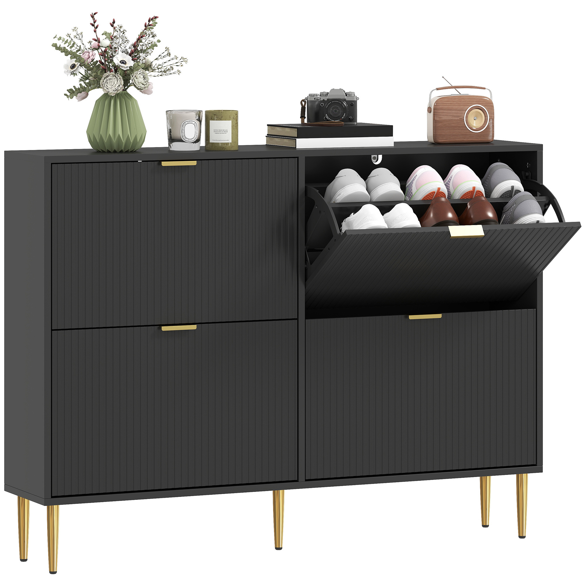 TEMU Homcom 20-pair Shoe Cabinet, Narrow Modern Shoe Cabinet With 4 Foldable Drawers, Fluted Doors And Adjustable Shelves, For Hallway And Entrance,