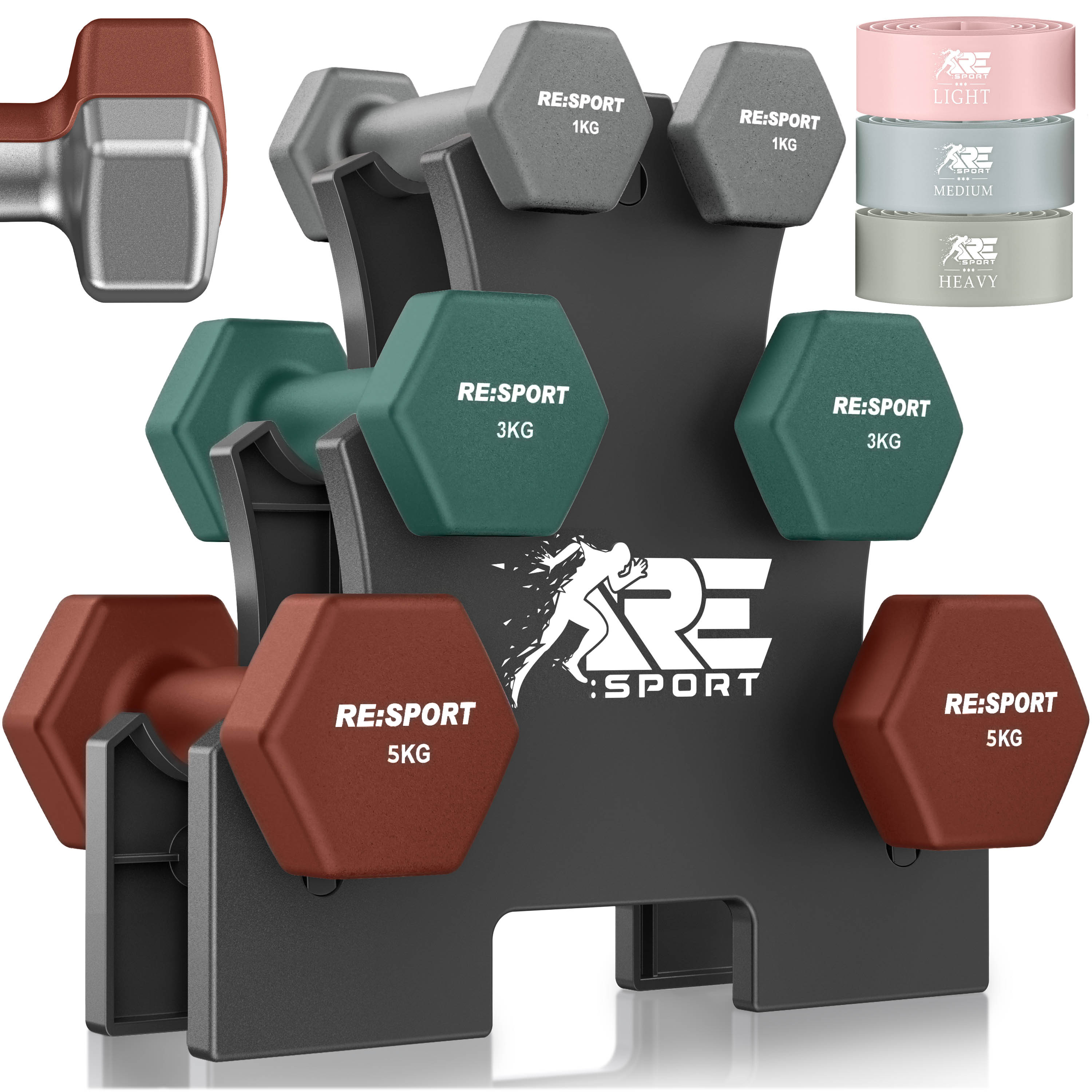 E-shop ® Hantel-Set 3 Paar, 1kg - 5kg, 12kg oder 18kg mit Ständer & 3x Fitnessbänder | Rutschfeste Neopren Kurzhanteln für Damen & Herren | Hanteln