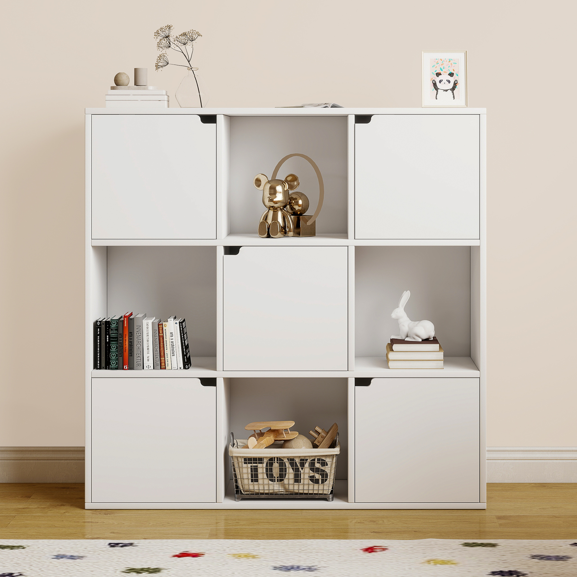 Image of Upright Shelf, Bookcase With 3 Levels, 9 Storage Compartments, 5 Doors, Storage Shelf Kitchen Shelf Corner Shelf, Upright Shelf With Metal Tilt Protection, 90x30x90 Cm, White