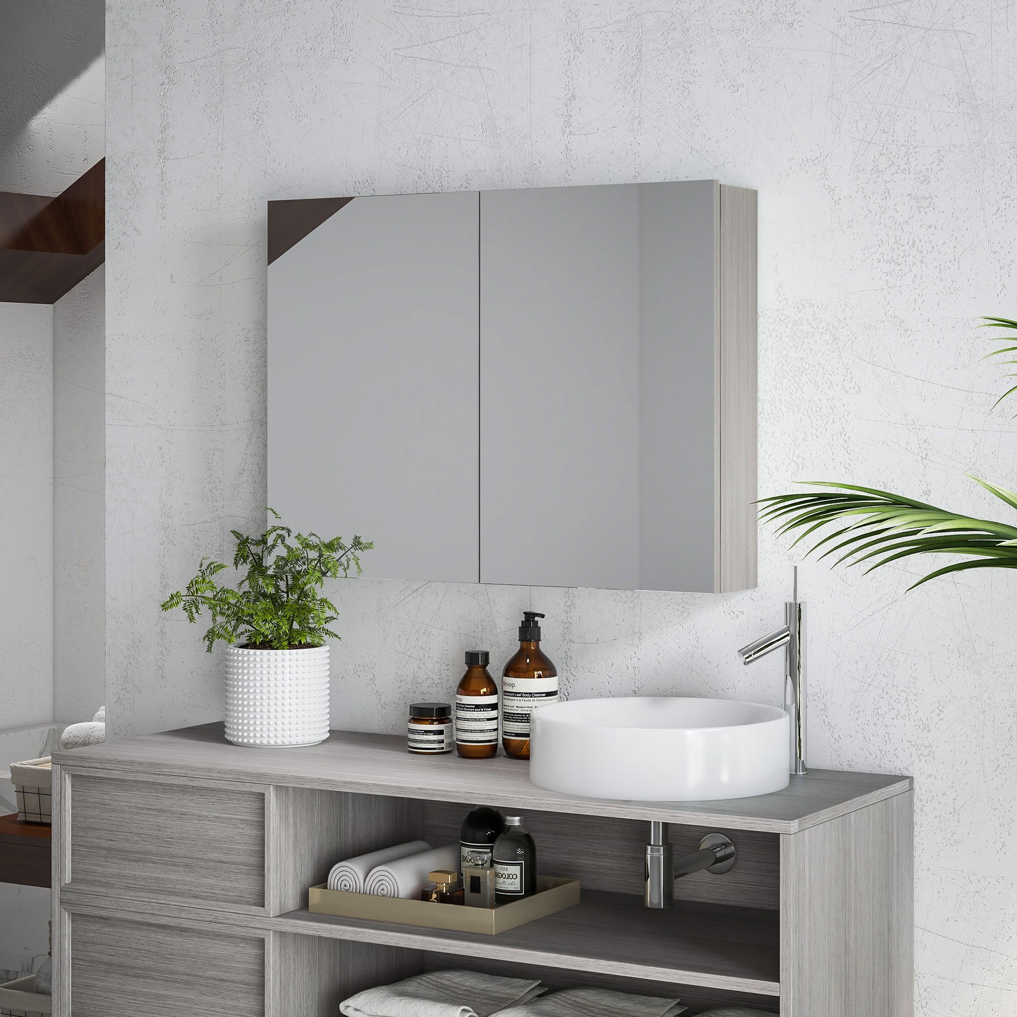 Image of Homcom Wall-mounted Bathroom Cabinet With Mirror, 80 X 15 X 60 Cm, Bathroom Furniture, Double-door Vanity Cabinet With Adjustable Shelves, Grey