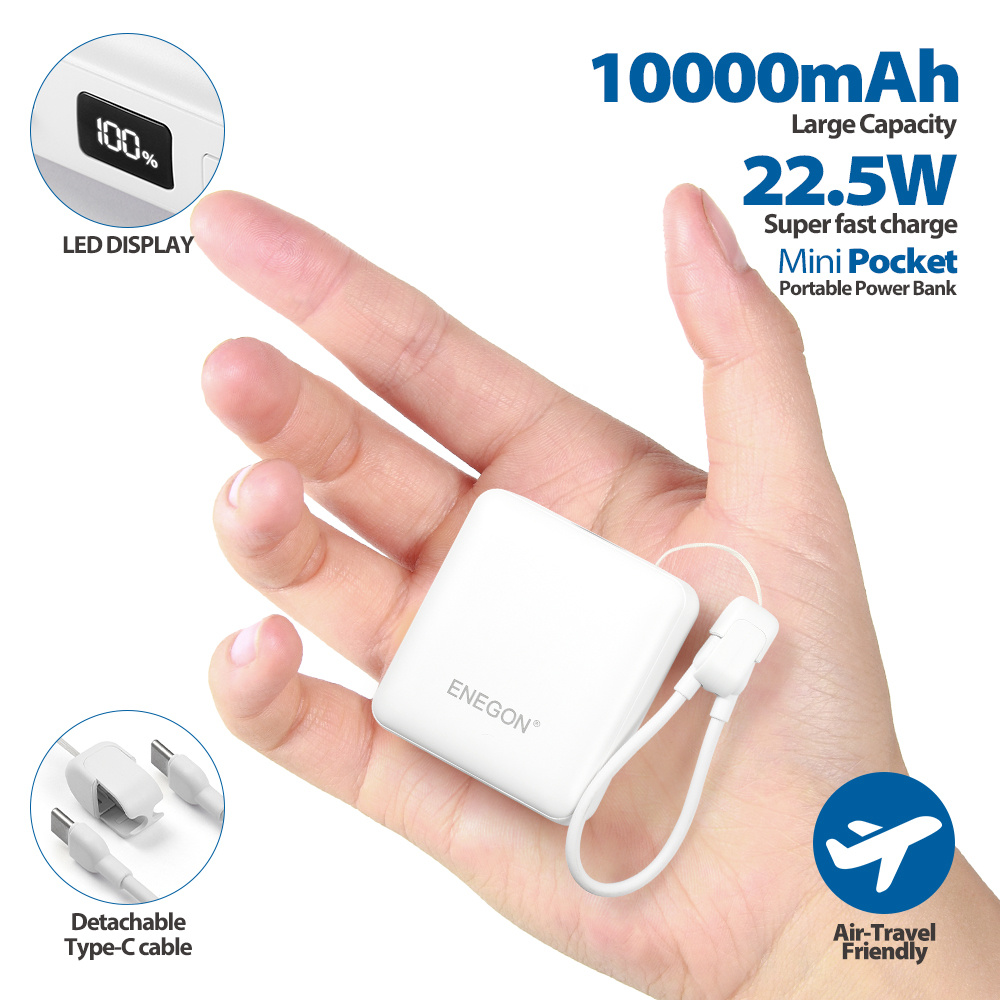 E-shop ENEGON Mini Ultra Kompakt 22.5W 10000mAh Powerbank mit eingebautem USB-C Kabel, LED Digitalanzeige, tragbares Ladegerät, Schnelllade-Akku für