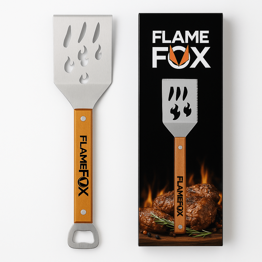 E-shop FlameFox BBQ Grillspachtel 41,5 cm – Edelstahl Grillwender mit Holzgriff, Flaschenöffner & Schneidekante – Grillbesteck für Grillliebhaber,