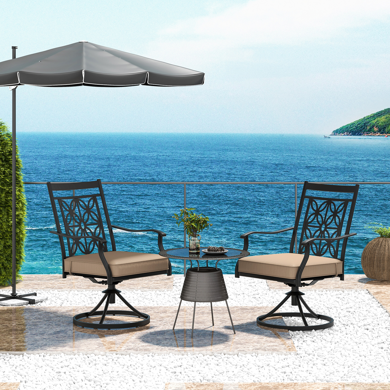 Image of Patio Swivel Chairs, 2pcs Outdoor Bistro Dining Chair Set With Durable Metal Frame, Soft Cushion, Pattern Backrest, Swivel Chair For Garden, Backyard, Poolside, Bistro