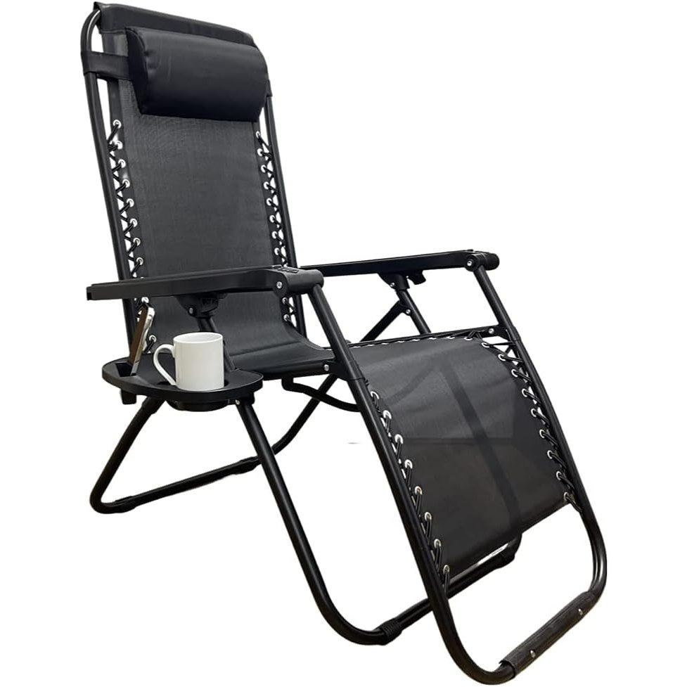 zero gravity style reclining lounger folding textoline outdoor chair with side tray headrest black