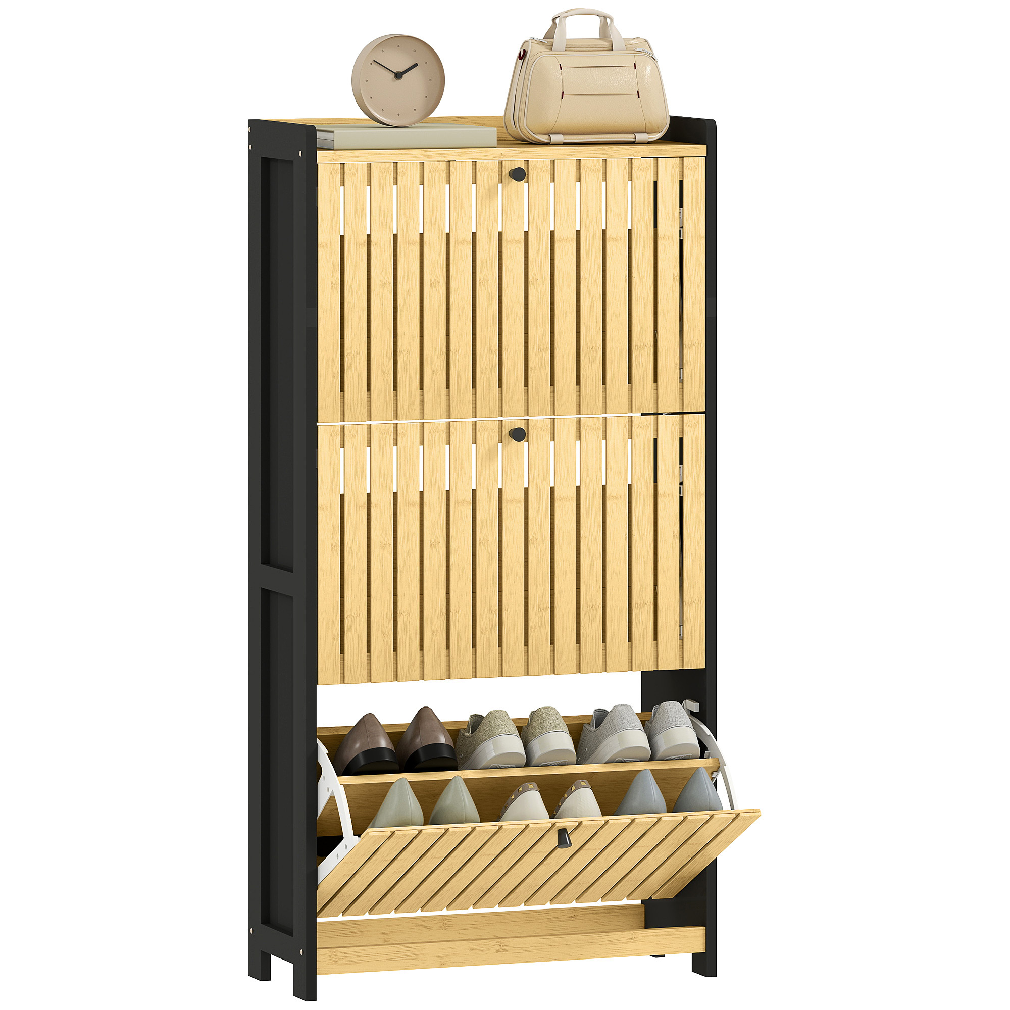 TEMU HOMCOM Meuble à chaussures 18 paires, armoire à chaussures étroite, meuble d'entrée avec 3 tiroirs rabattables, portes en bambou à lattes, pour