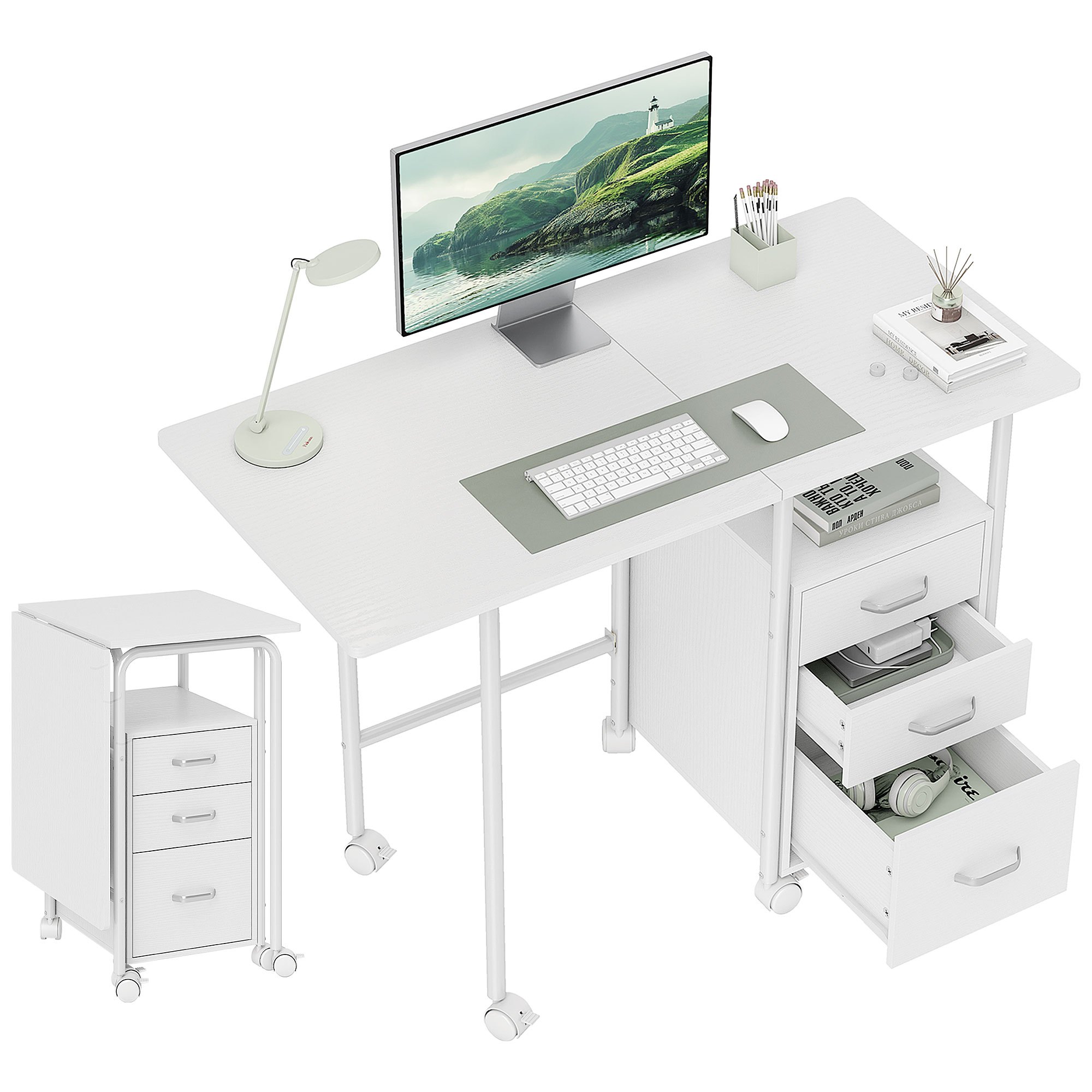 TEMU Bureau pliable sur roulettes avec 3 tiroirs, bureau d'ordinateur, plateau extensible, cadre en acier, 105x51x75,5cm, pour télétravail, chambre,