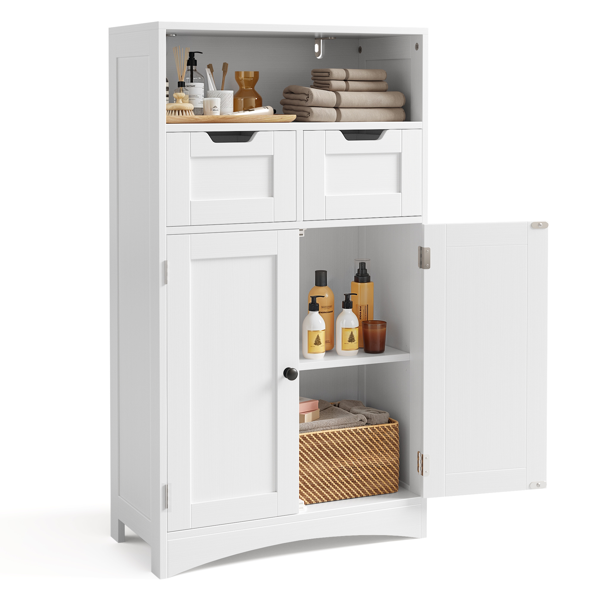 Bathroom Cabinet With 2 Doors & 2 Drawers | 60x30x108 Cm | Height-adjustable Shelves | For Bathroom & Bedroom | | 52ap