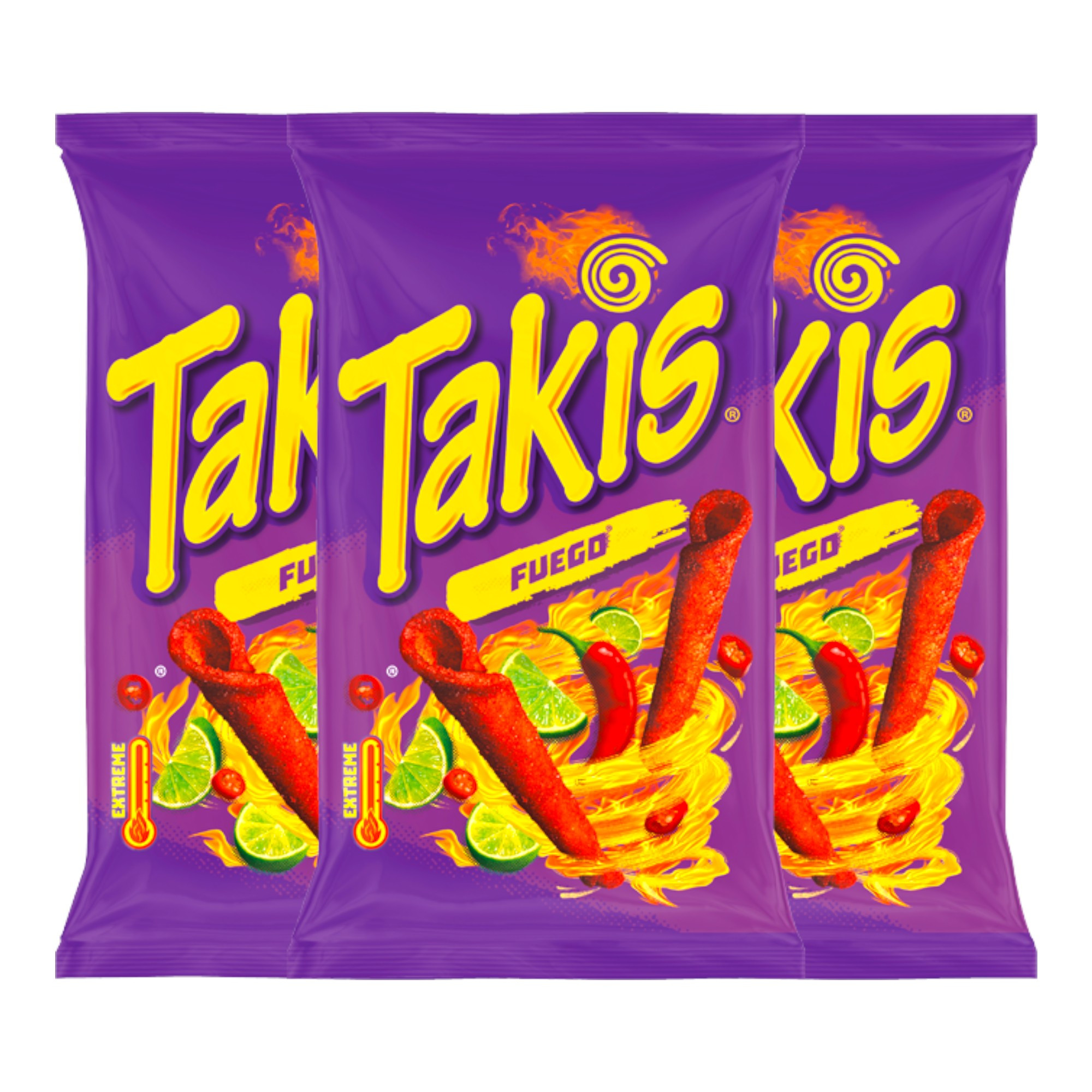 Image of Takis Fuego Extreme Hot Corn Chips With Chili And Lime Flavor 100g (3-pack)