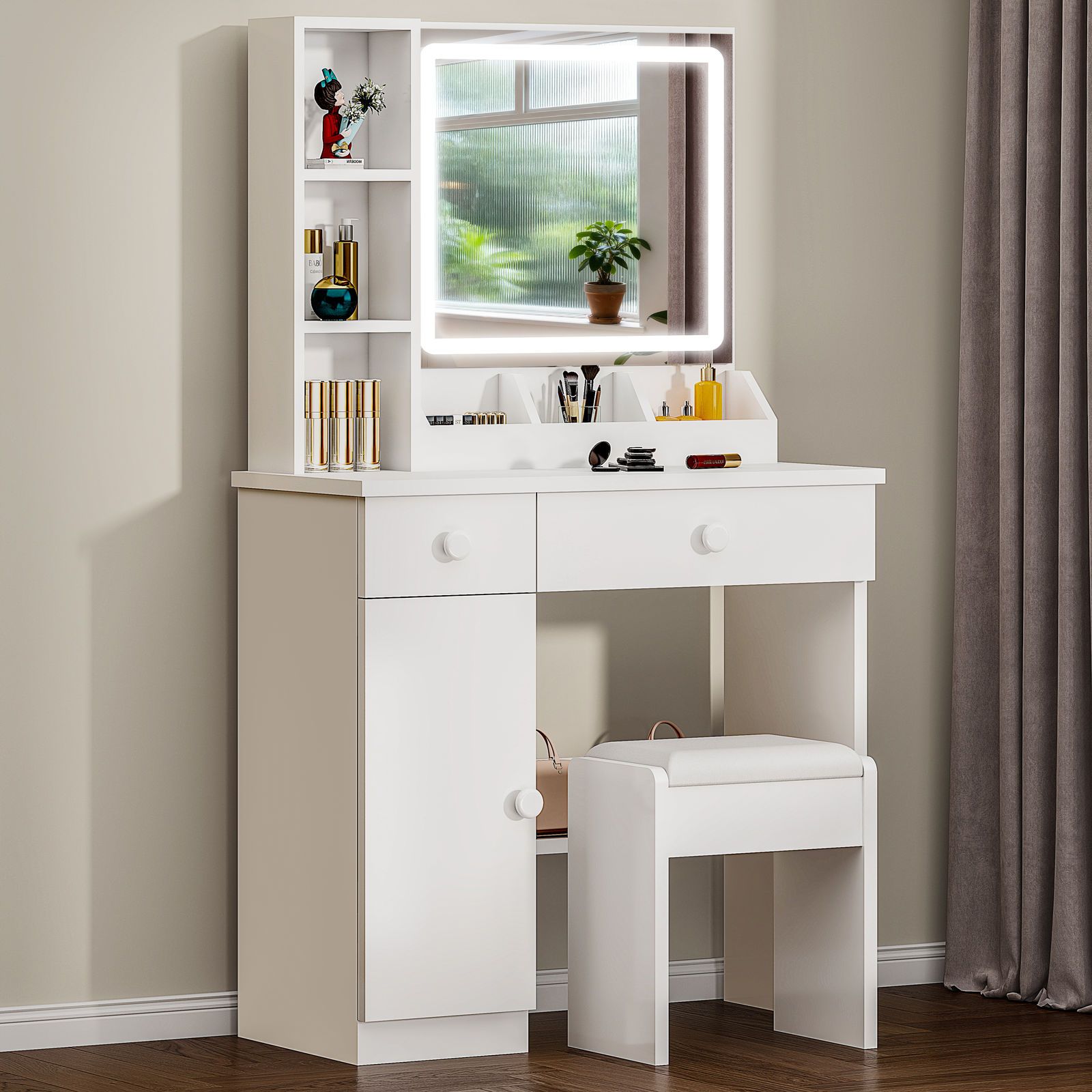 TEMU Makeup Vanity Set With Mirror And Stool, Led Lighted Vanity Table With Adjustable Brightness, Cosmetic Table With 2 Drawers And Cabinets, 3