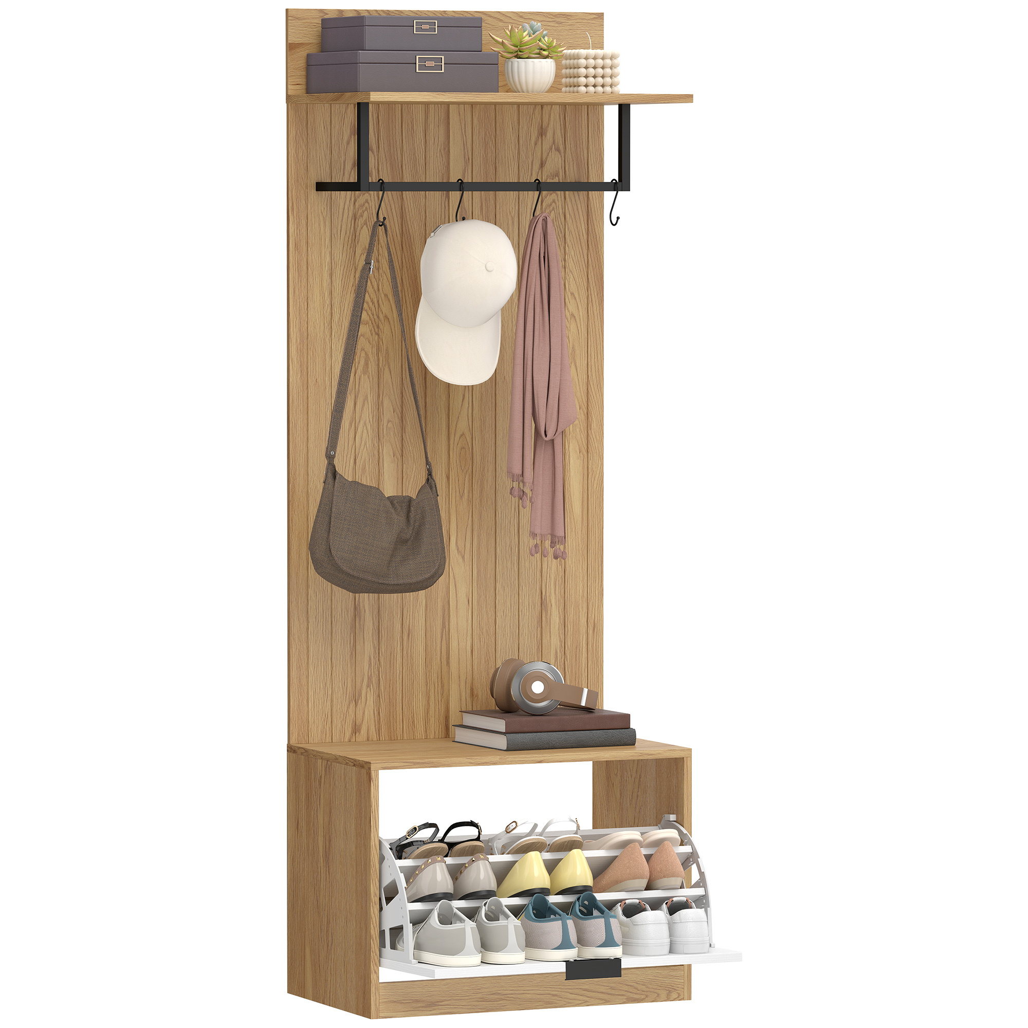 TEMU HOMCOM Meuble d'entrée 5 en 1, d'entrée avec banc à chaussures rabattable, étagère et 4 crochets, style moderne, porte-manteau pour couloir,