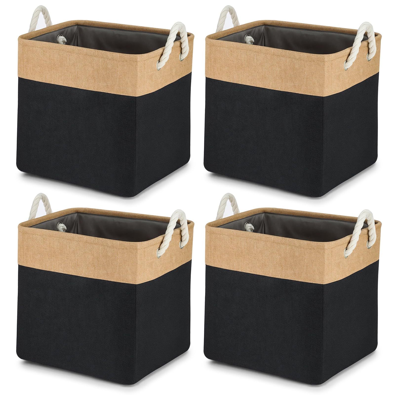 4-part Foldable Fabric Cube Storage Baskets With Rope Handles - Stackable Organizers For Clothing, Books - Space- Foldable Design For Closet, Shelf, Household Organization, Shelf Baskets.