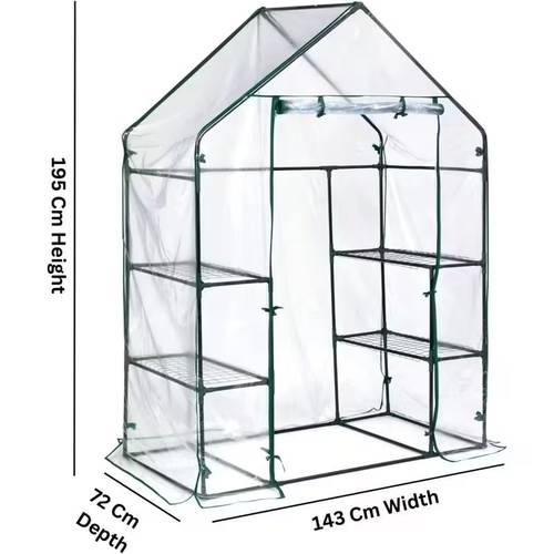 143 x 73 x 195cm size 3 tier complete walk in greenhouse cold frame with weatherproof clear pvc cover 4 shelves roll up zipped door for garden plants and outdoor