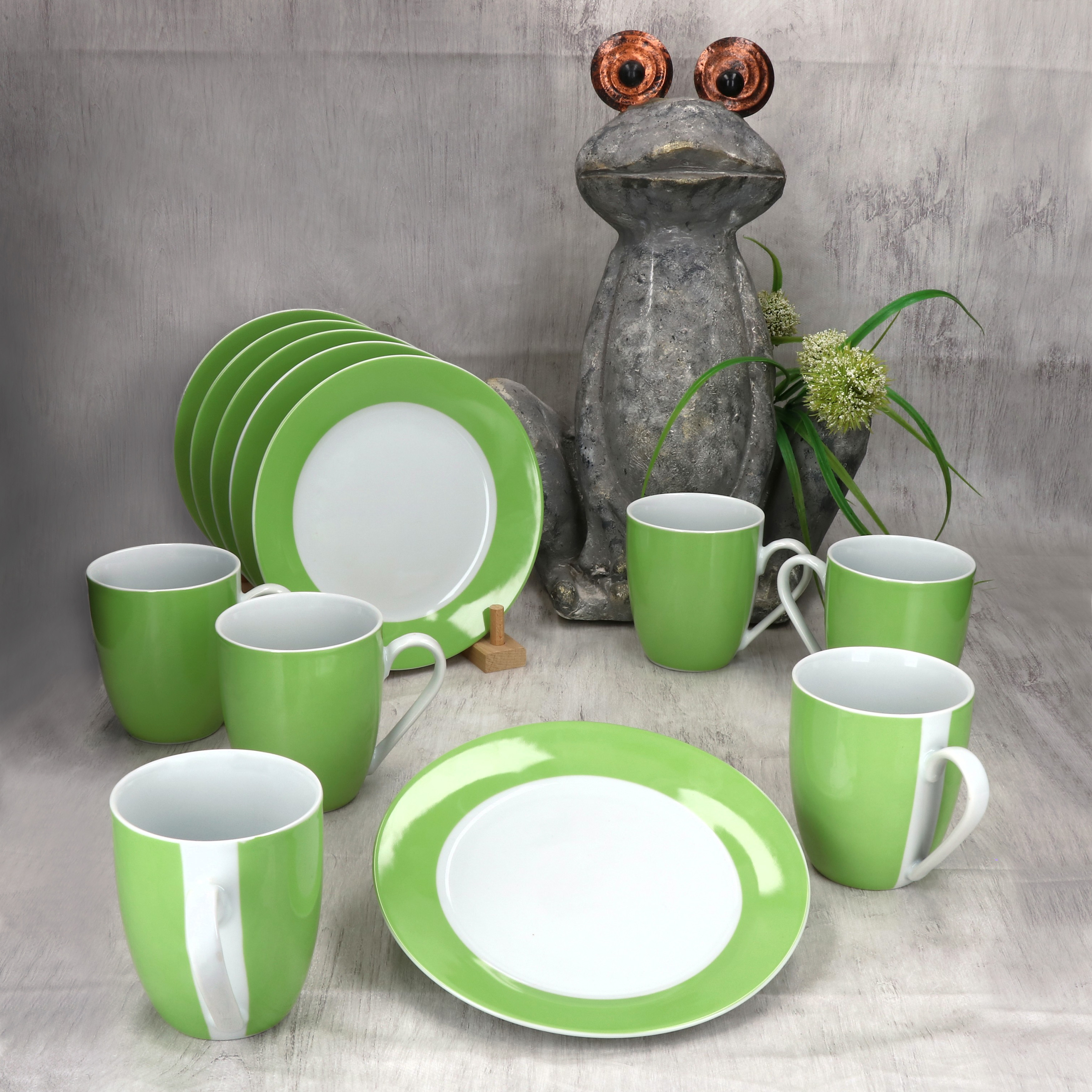 12-piece Breakfast Set, Green Porcelain , For 6 People, Small Plates, Coffee Mugs