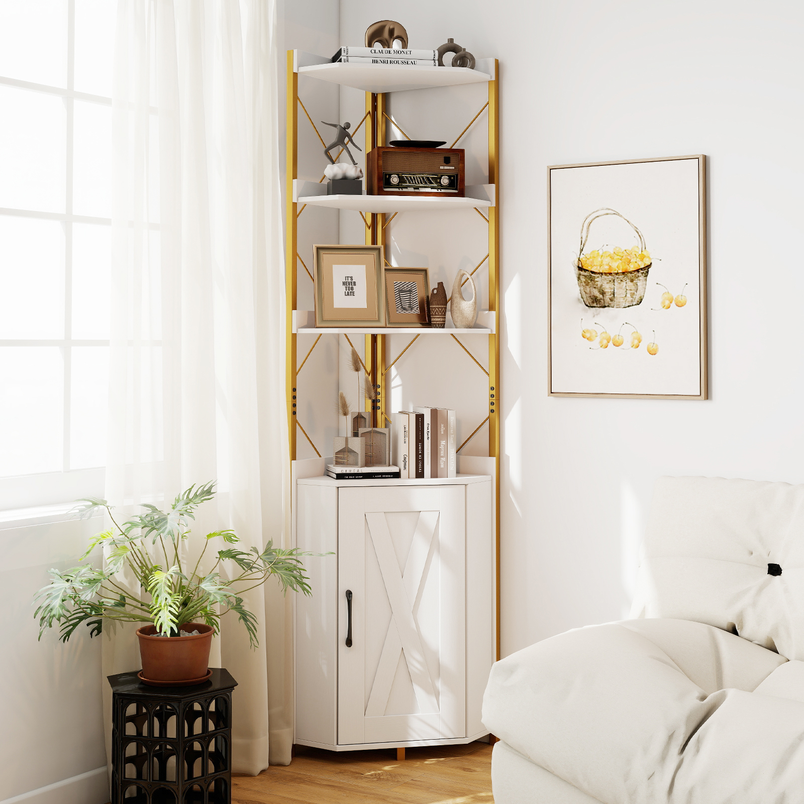5-tier Corner Storage Shelf, Tall 180 Cm Freestanding Tall Corner Cabinet With Door, Raised , Stand