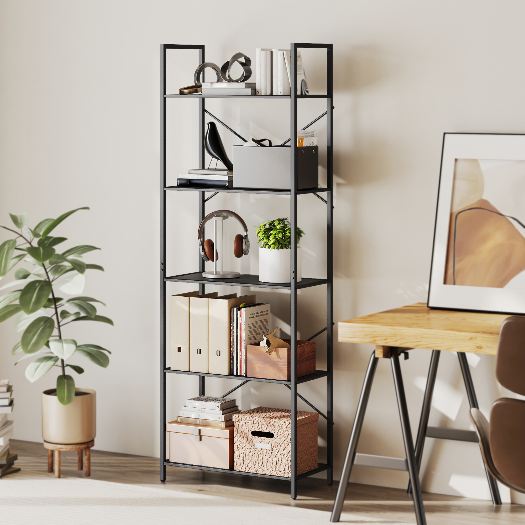 Bookshelf, 5-tier Stand Shelf, Industrial Office Shelf With Metal Frame, Open Storage Shelf For Living Room, Office, Study, 60x30x170.5 Cm, Black