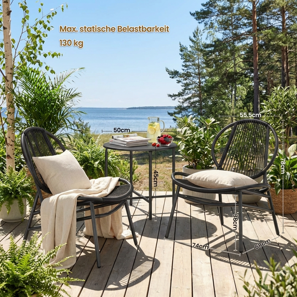 Balcony Furniture, 3-piece Set, Garden Furniture Set, Made Of Pe Poly Rattan, Outdoor, Includes Table And 2 Chairs, For Terrace, Garden, Balcony