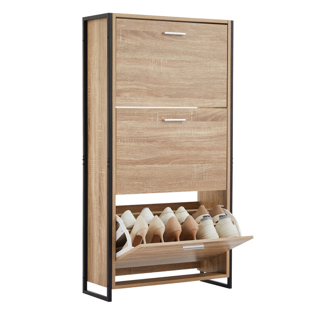 Image of Industrial Shoe Cabinet With 3 Flap Compartments, Wooden Shoe Storage Cabinet For Up To 18 Pairs, Space Saving Entryway Organizer