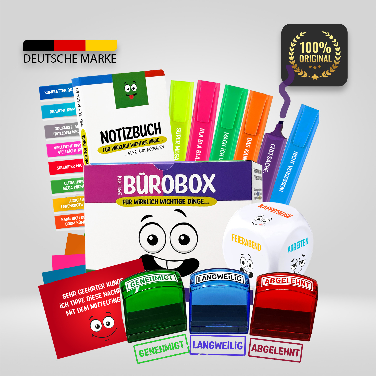 E-shop Lustige Büro Geschenk Box | Witzige Geschenkidee für Arbeitskollegen | 24-teilig | Textmarker, Anti-Stress Würfel, Notizblock, Stempel uvm.