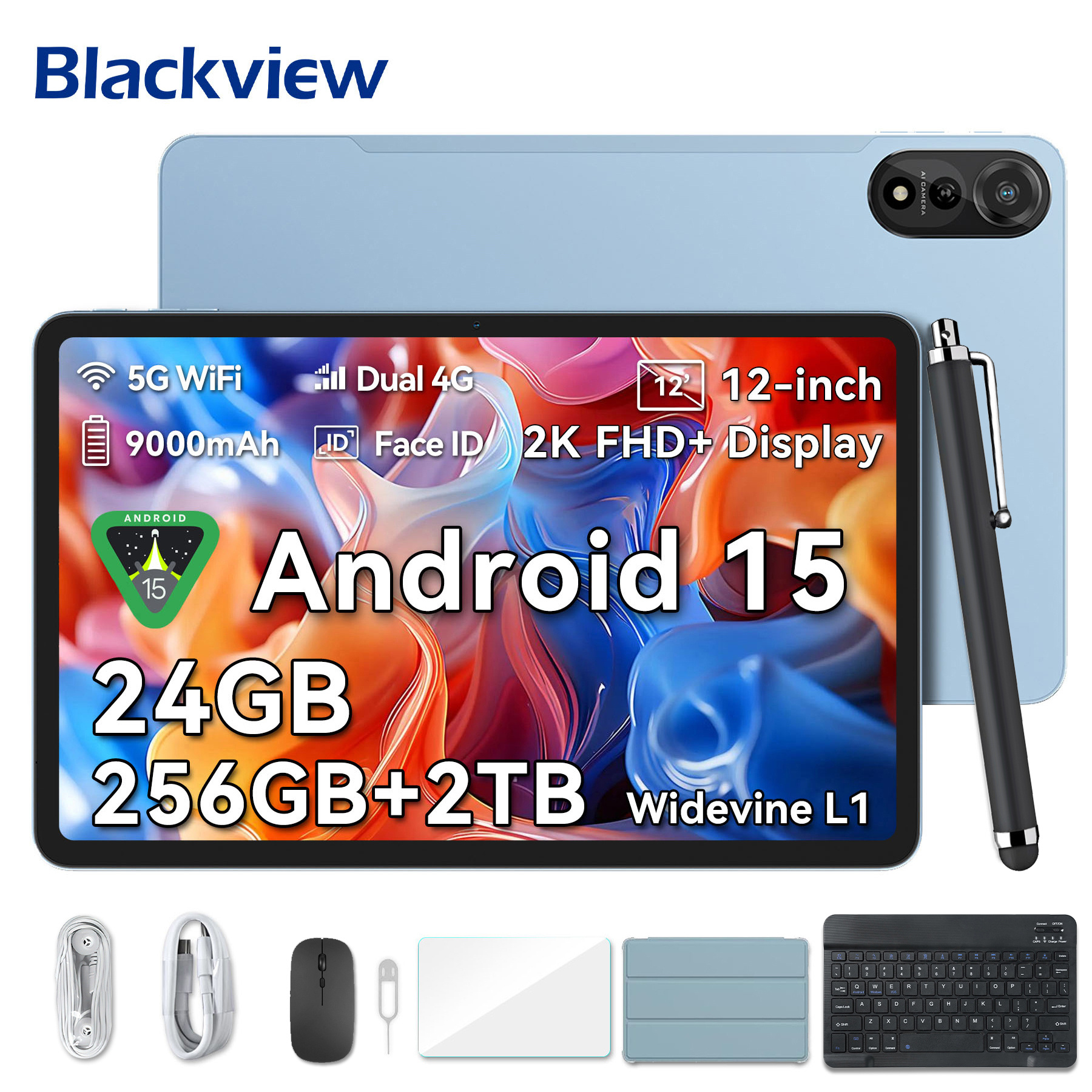 Blackview Mega2 15 Tablet, 12-inch, 24 (8+16) Gb + 256gb Rom, 2k Fhd Large Display Gaming Tablet, Dual 4g Lte + 5g Wifi, -core T615, 9000 Mah Battery, L1, Dual Camera, , Gps, Keyboard, Mouse, Stylus