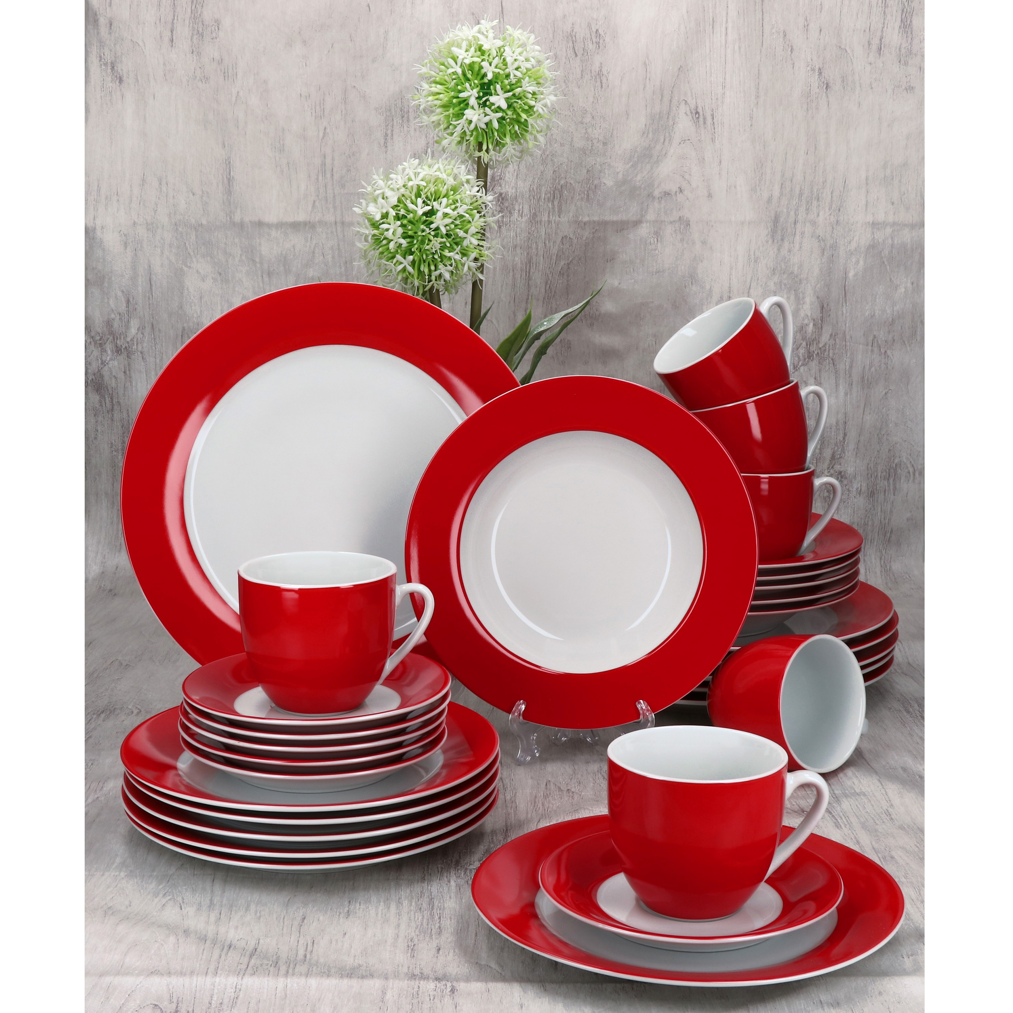 Image of 30-piece Dinnerware Set, Red Porcelain For 6 People, Includes Cups, Saucers, And Plates