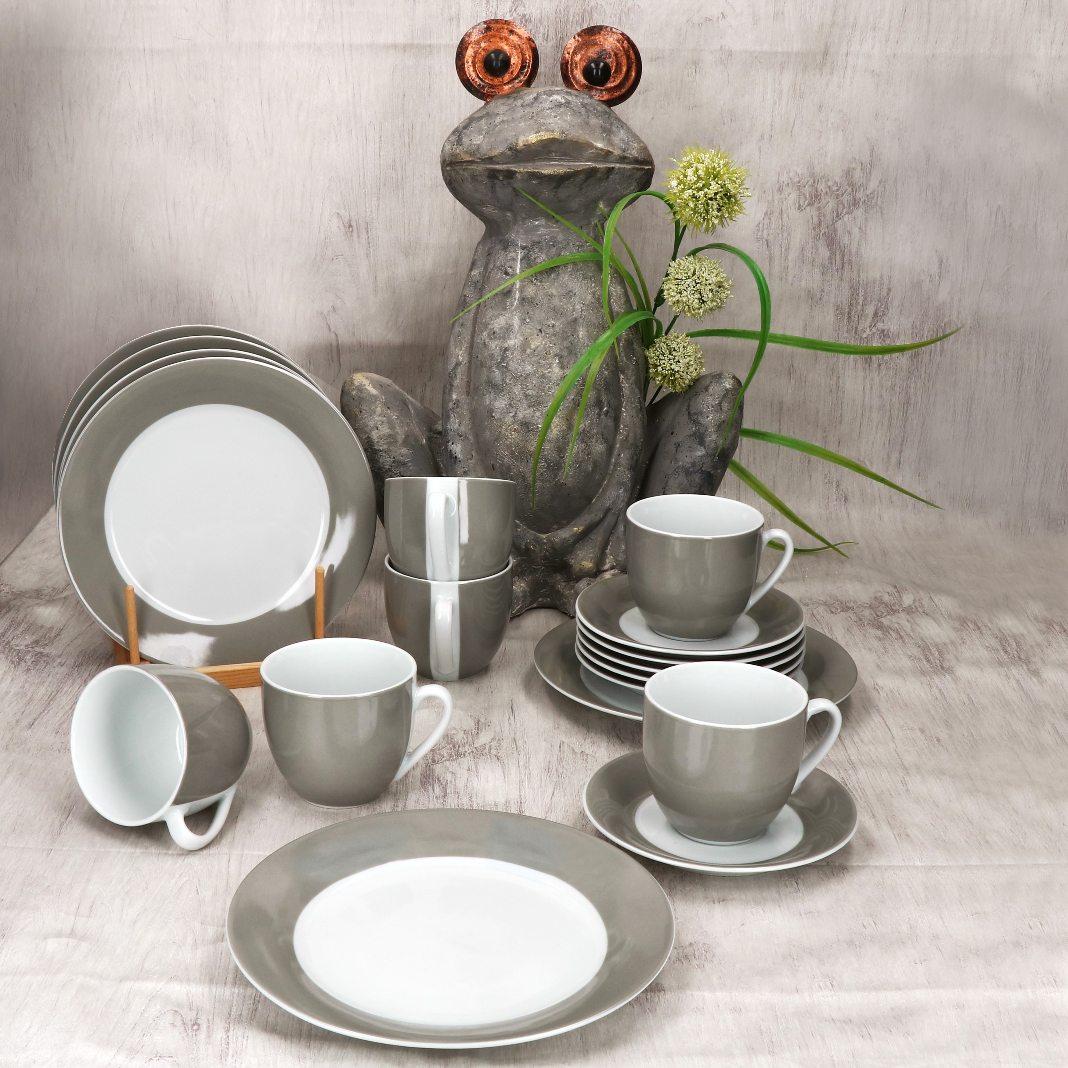 18-piece Set, Gray Porcelain, For 6 People, Includes Cups, Saucers, And Plates
