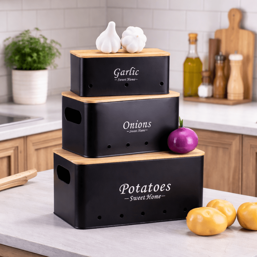 Storage Container Potato Pot 3-piece Set, Potato Storage Box, With Ventilation Holes, For Potatoes, Vintage Design Pot, Onion, Garlic Storage Kitchen