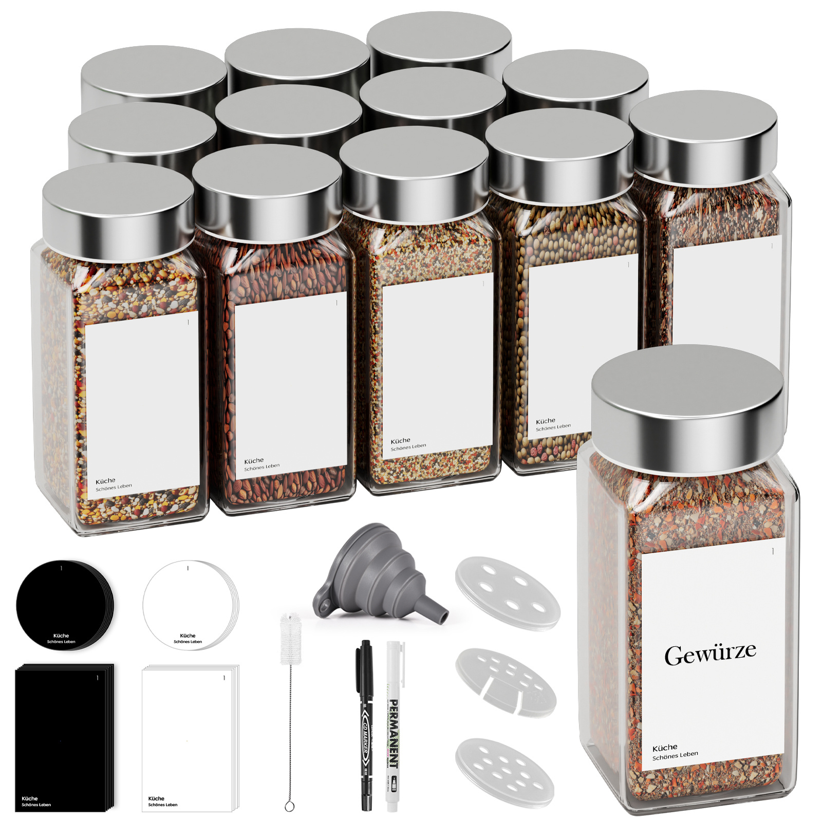E-shop 12pcs Gewürzgläser quadratisch mit Gewürzspender, Edelstahldeckel Gewürzgläser 120ml, Gewürzgläser Set, Glasgewürzstreuer mit Spenderaufsatz,