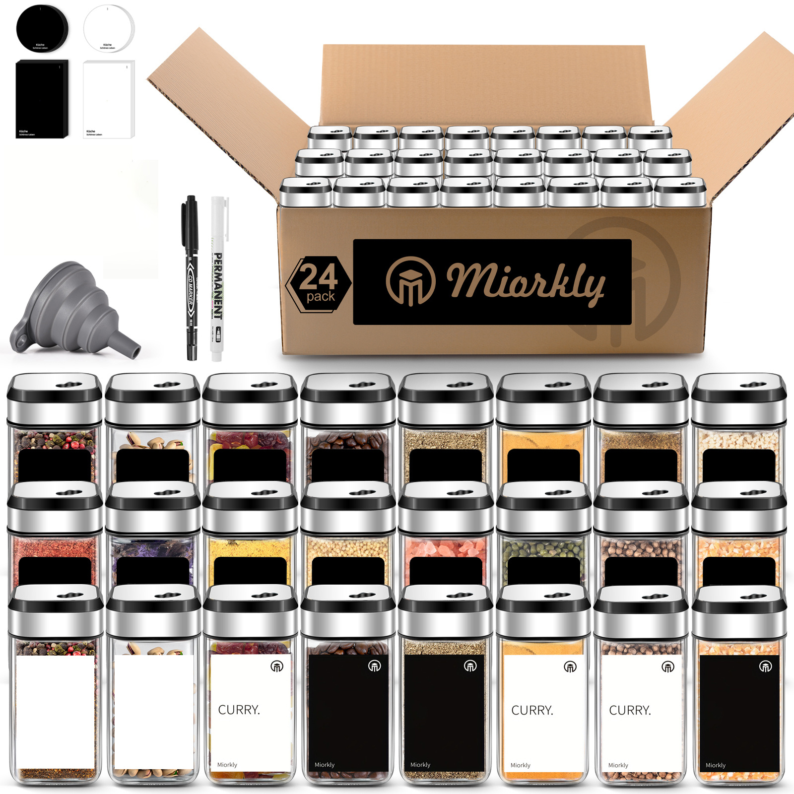 E-shop 24pcs Gewürzgläser Eckig, 120ML Gewürzdosen set, Gewürz Organizer mit Drehbarem Gewürzlochdeckel, Gewürzstreuer, Gewürzbehälter mit Trichter,