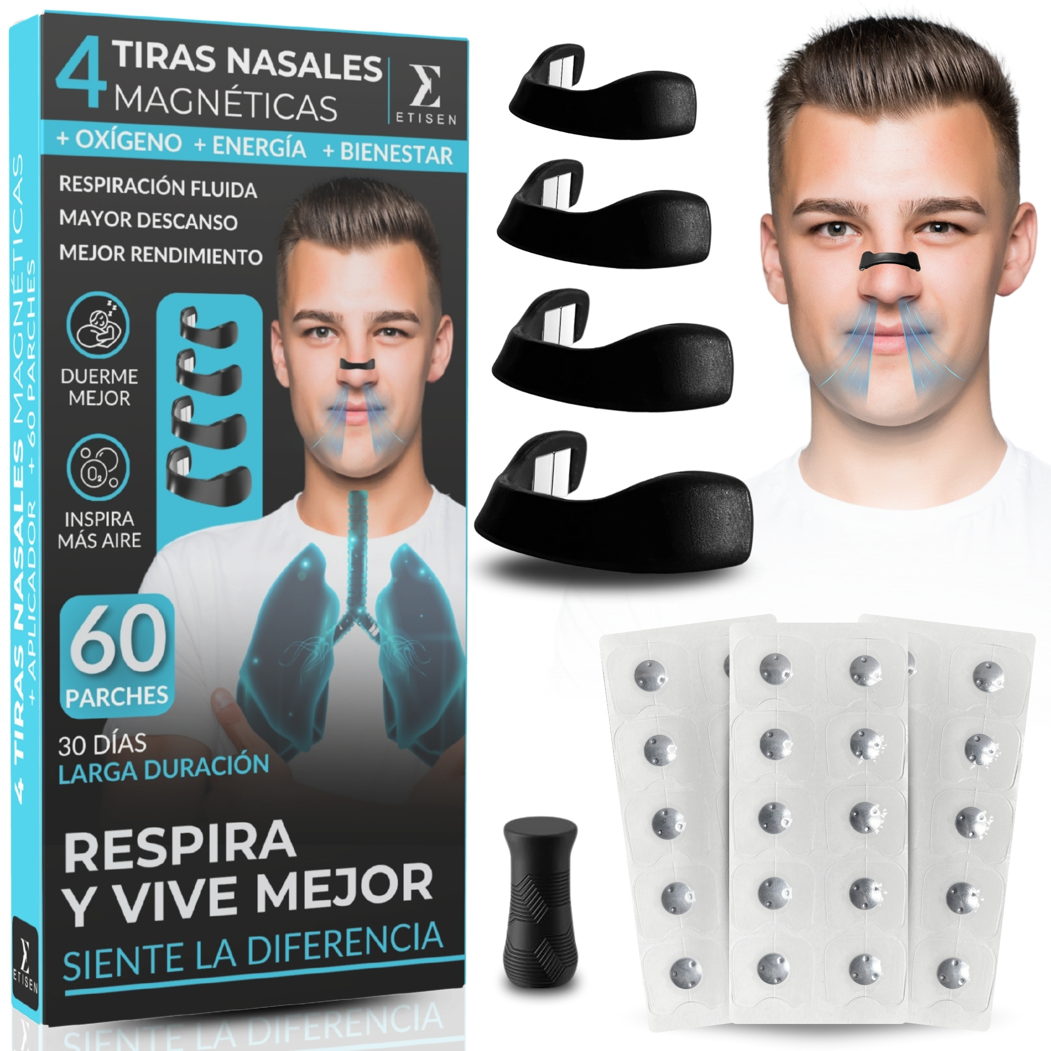 TEMU ETISEN, Tiras nasales magneticas, +60 parches, Ayudan a mejor por la nariz, Tiras nasales antironquidos, Dilatador nasal magnetico, Guía de uso,