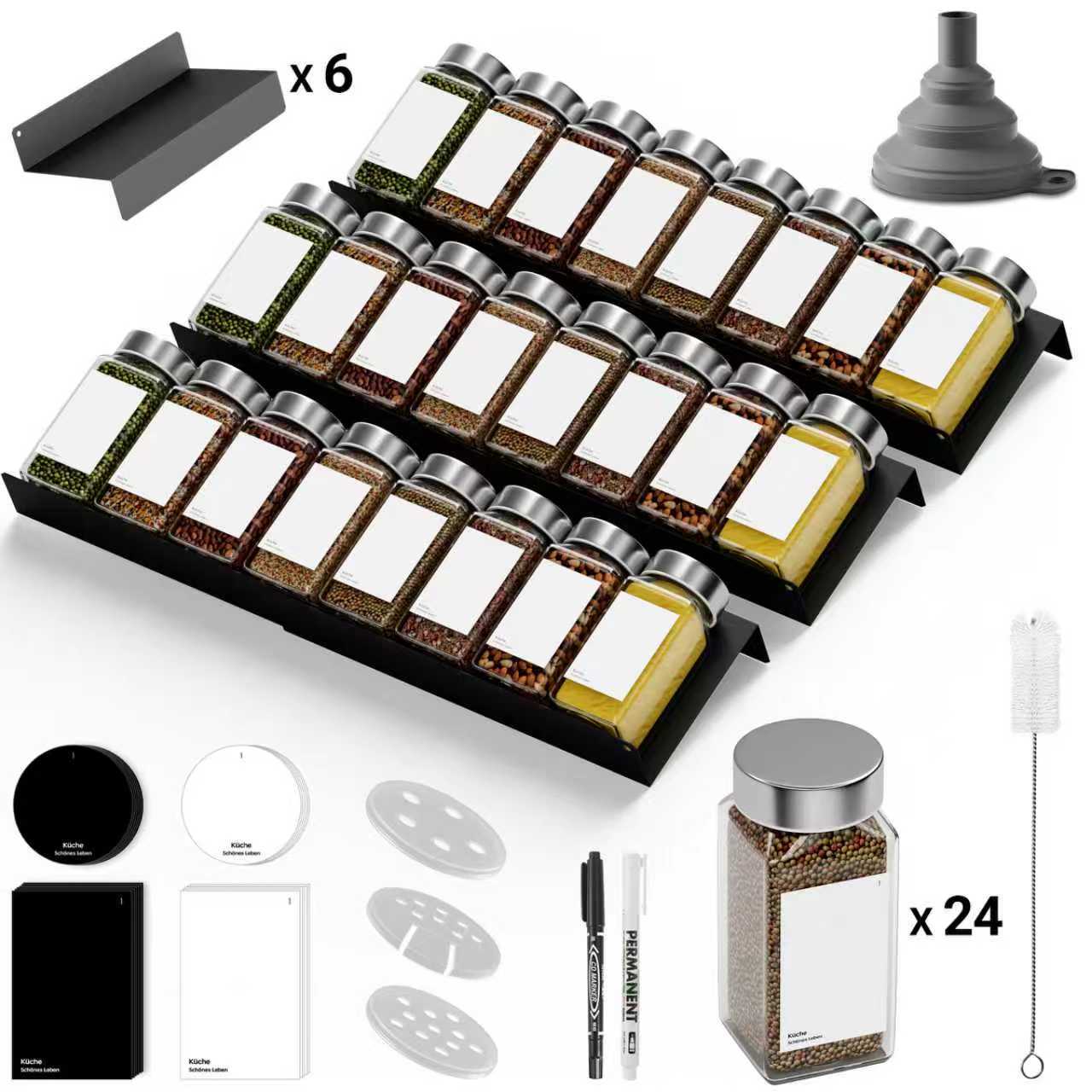 E-shop 30-teiliges Set: 6-teilige Gewürzregal-Schublade und 24 Gewürzdosen à 120 ml mit Etiketten Anpassbar an alle Schubladen, inklusive aufstellbaren