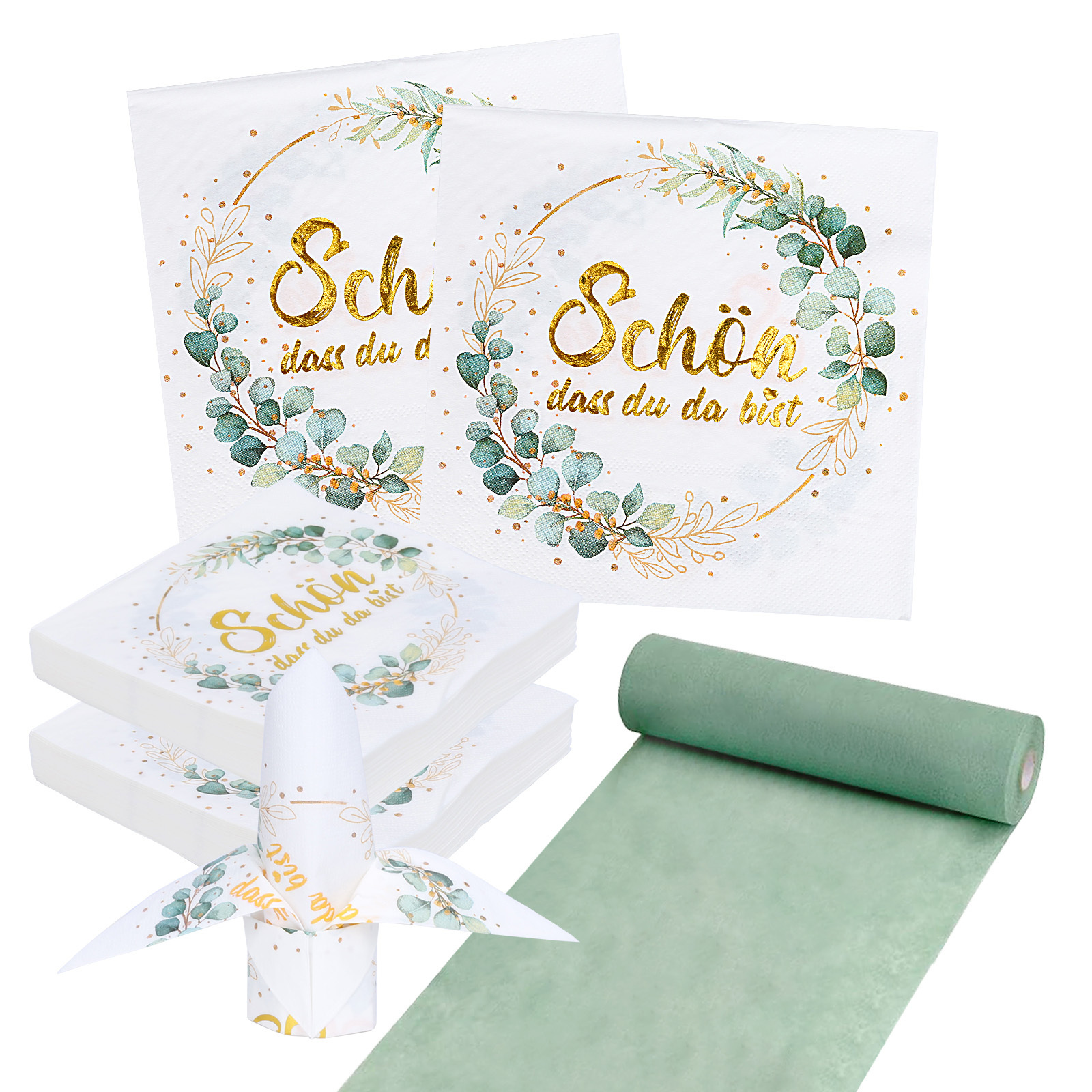 E-shop Tischdeko-Set: 40x „Schön Dass Du Da Bist“ Servietten (Eukalyptus) & 1x Tischläufer aus Vlies in Eukalyptusgrün (30x2500cm). Elegante &