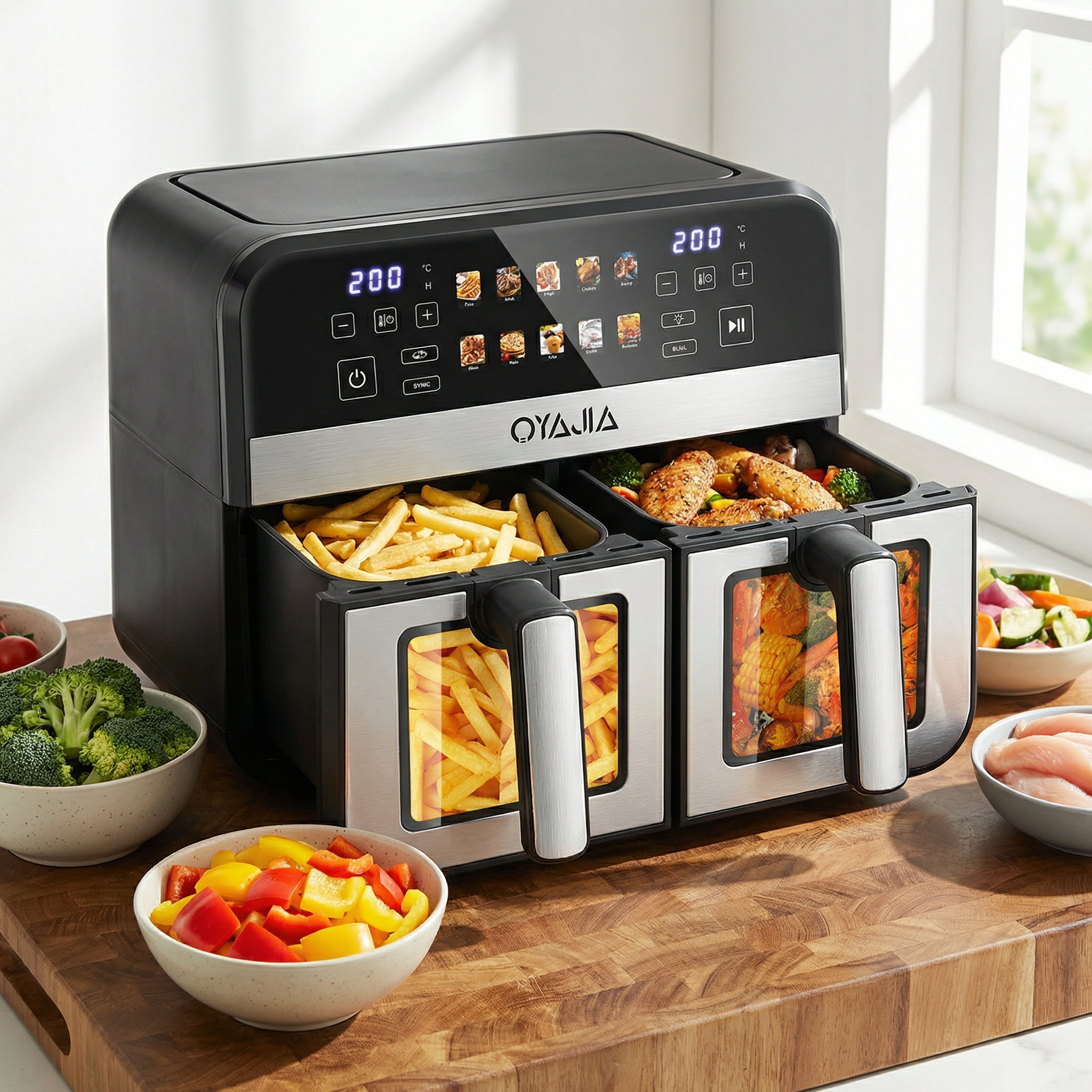 E-shop 11.5 Liter Doppelkorb- Heißluftfritteuse mit -Fenster, Sync-Finish, 10 Programme, Hi-Fry, automatische Abschaltung, spülmaschinenfest, 2400W,