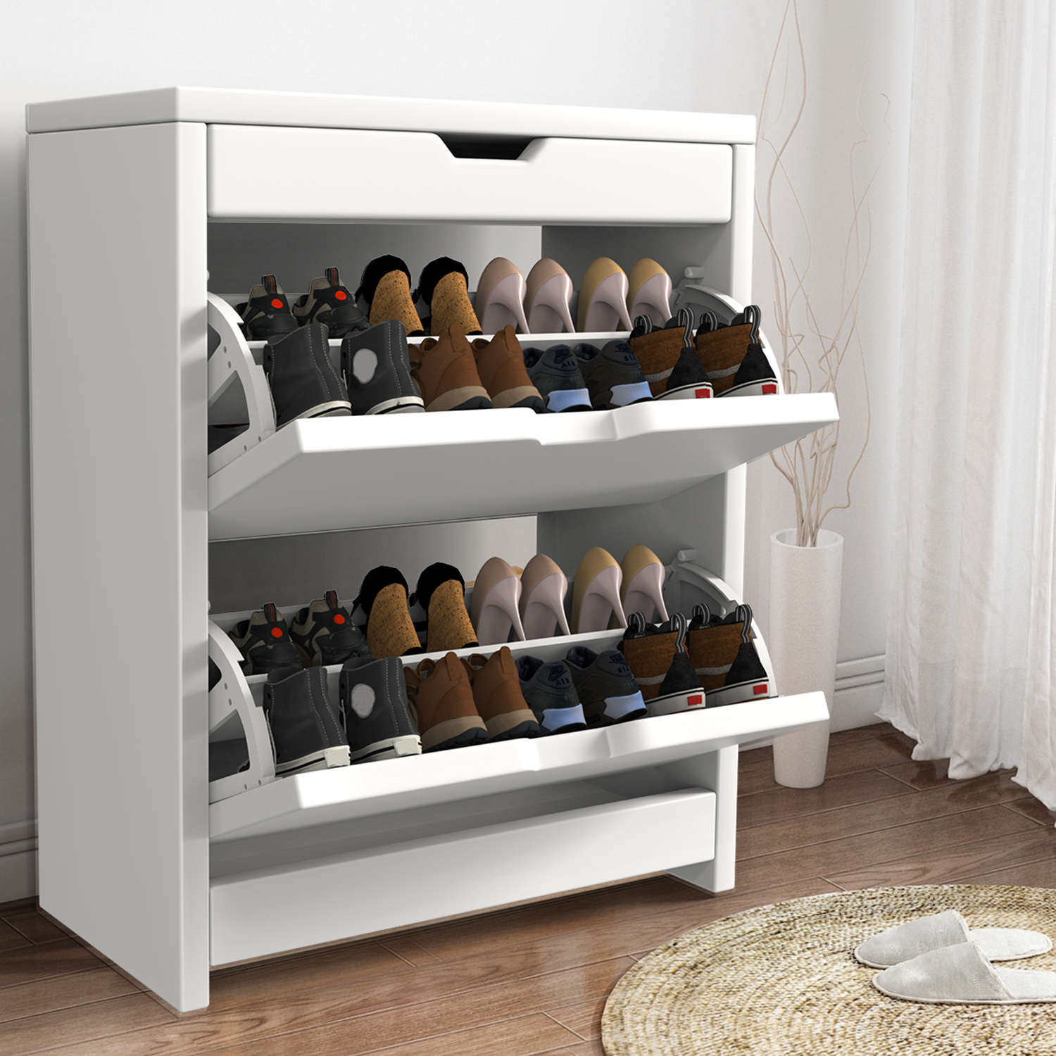 TEMU Modern Shoe Cabinet With Flip Doors, Shoe Rack With 3 Flaps, Shoe Stool, Shoe Dresser With Compartments, White, Hall Cabinet For Hallway, Entryway, Living Room, Bedroom, Space-, 78x102.5x23.5 Cm
