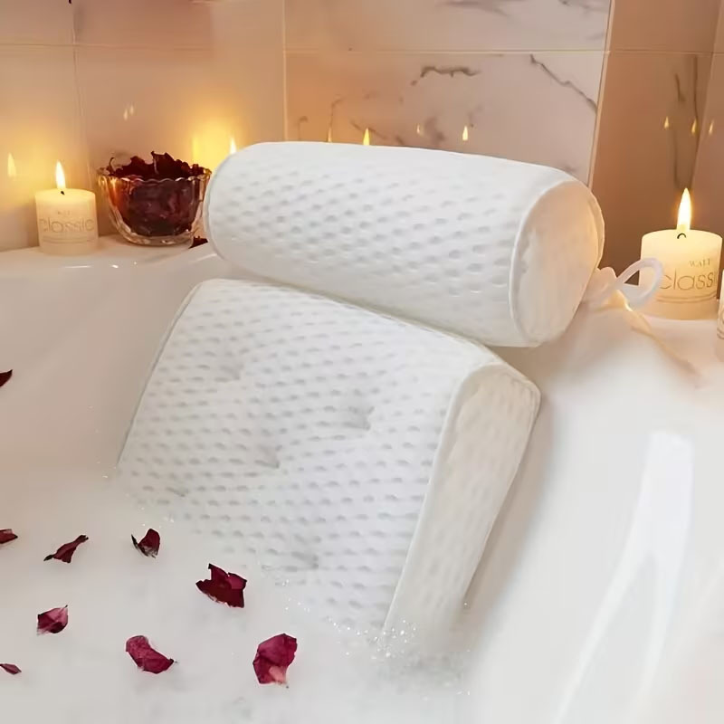 TEMU 3d Mesh Bathtub Pillow With Neck And Back Support - Quick-dry Vinyl Bath Mat, 6 Suction Cups And Hooks, Machine Washable Spa Accessory, Suitable