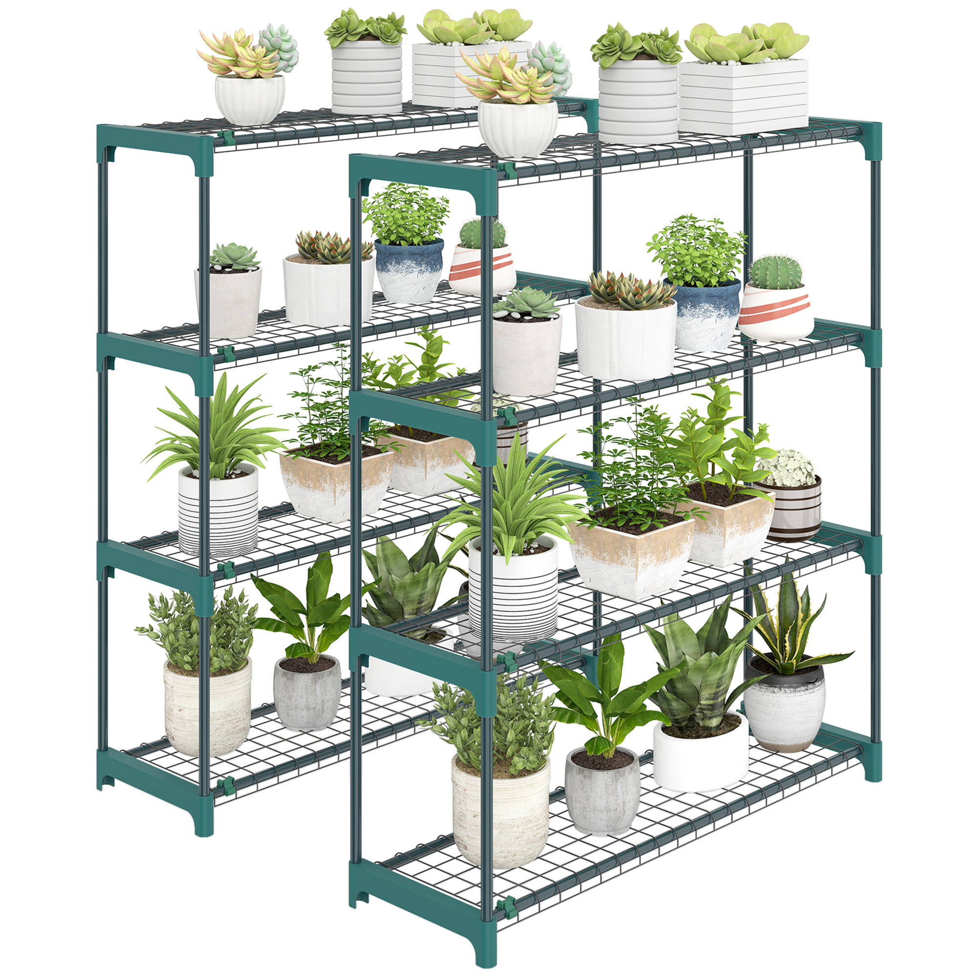 Image of Outsunny Set Of 2 4-tier Plant Stands For Indoor And Outdoor Use, Steel Plant Shelves With Connectors For Easy Assembly, Pot Racks For Garden, Balcony, Green