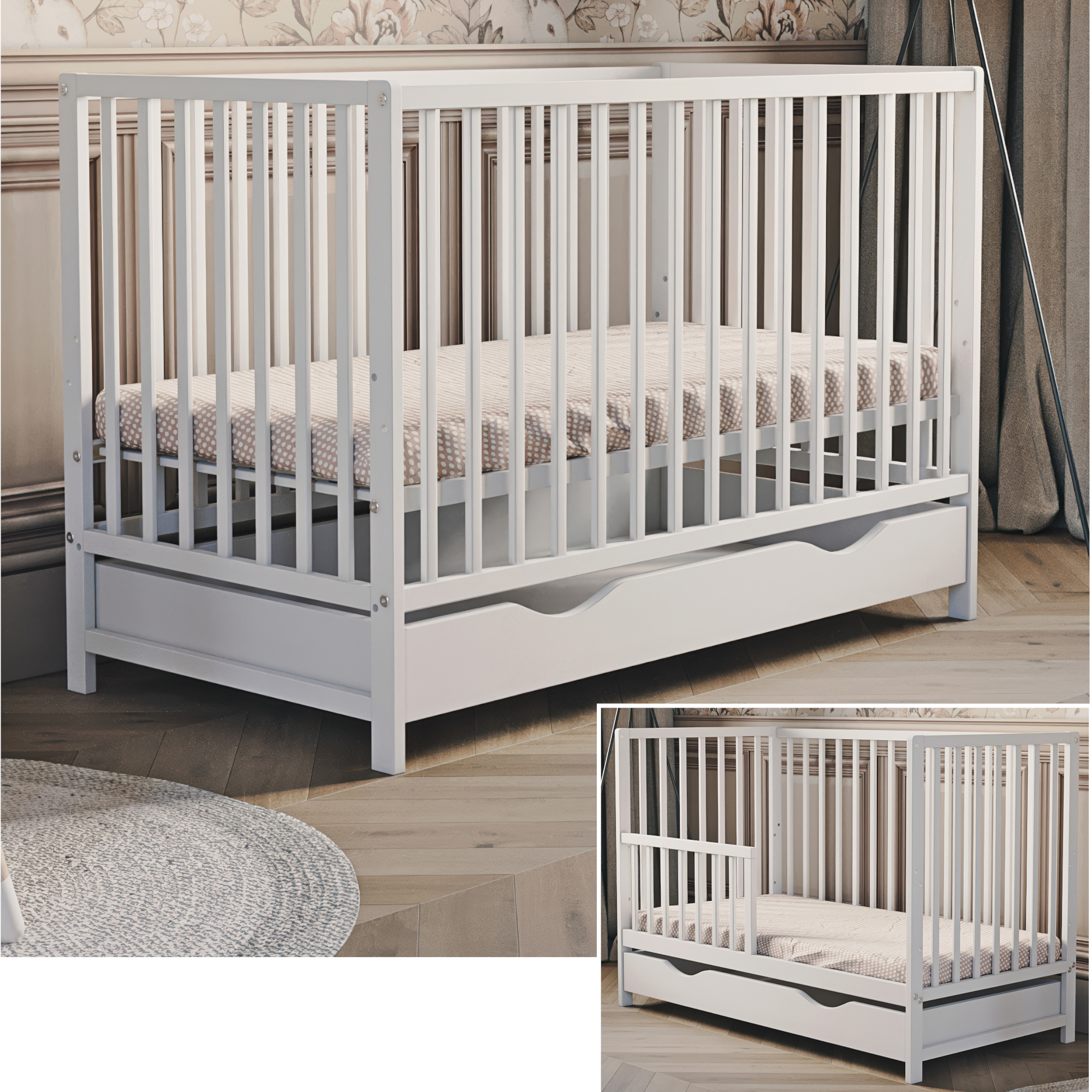 TEMU Lit bébé et enfant 60x120 cm en bois avec tiroir et barrière de transformation – lit bébé évolutif avec sommier réglable, matelas