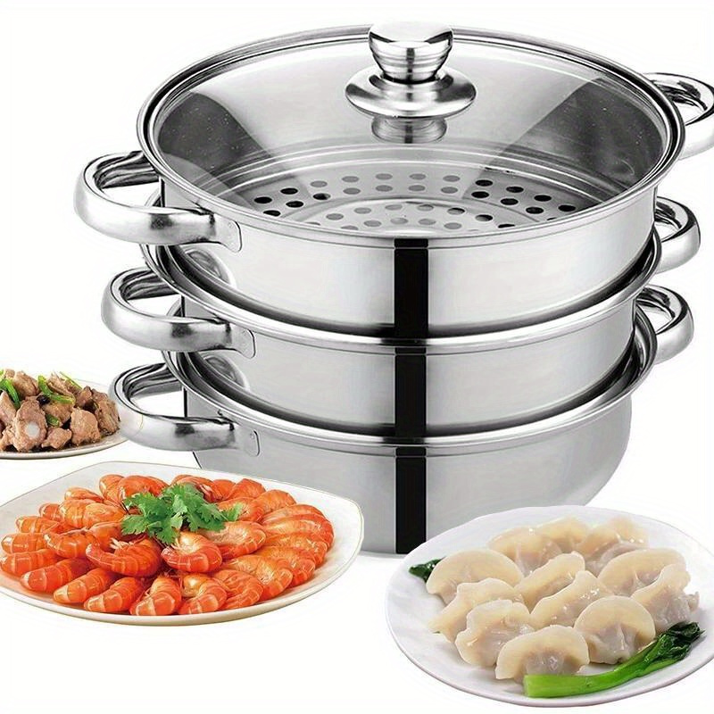 TEMU 28cm Steamer Pans 3 Tiers With Glass Lid, Stainless Steel Steamer Pots Cooking